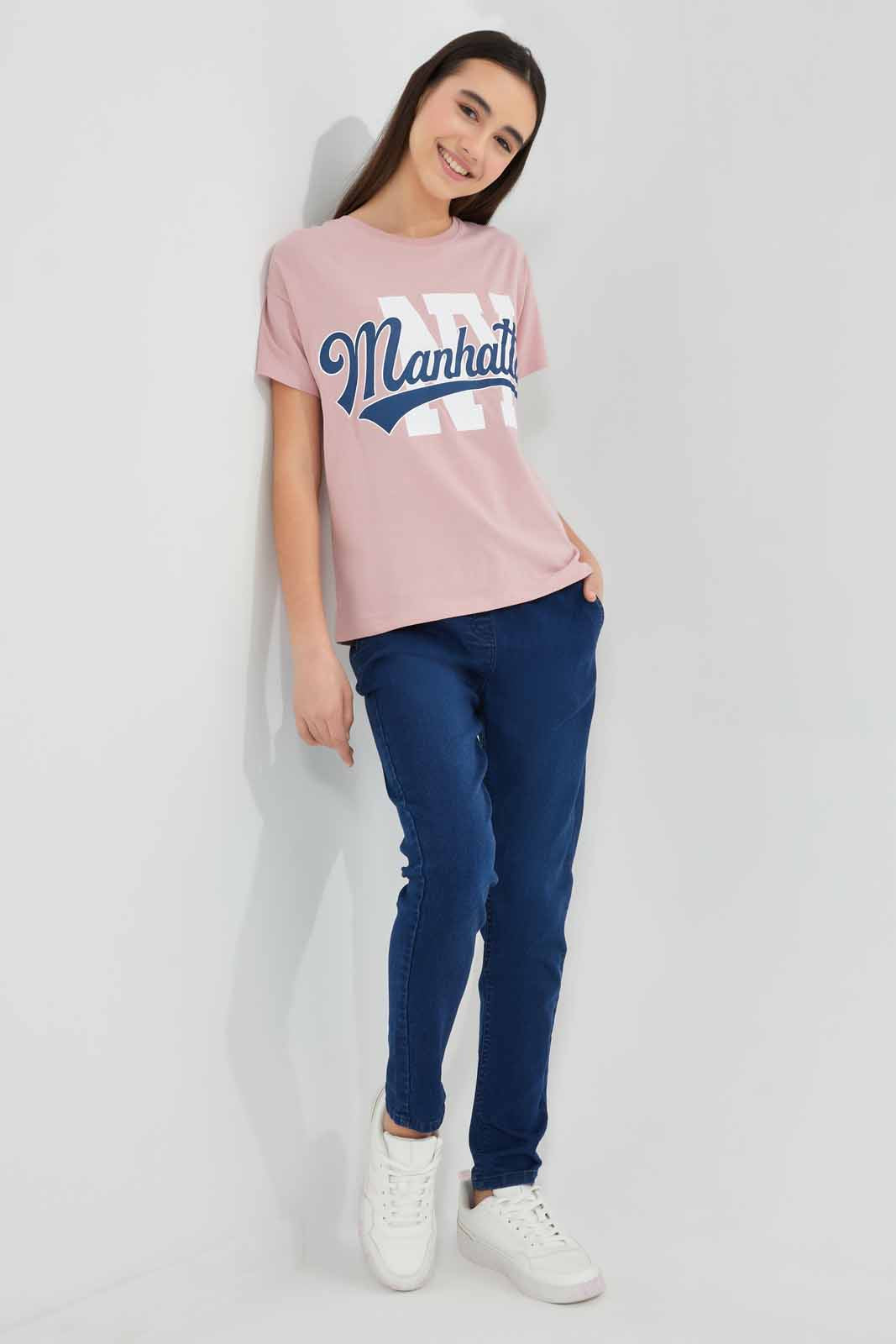 Redtag-Pink-Varsity-Boxy-Top-Category:T-Shirts,-Colour:Apricot,-Deals:New-In,-Filter:Senior-Girls-(9-to-14-Yrs),-GSR-T-Shirts,-New-In-GSR-APL,-Non-Sale,-Section:Girls-(0-to-14Yrs),-TBL,-W22O-Senior-Girls-9 to 14 Years