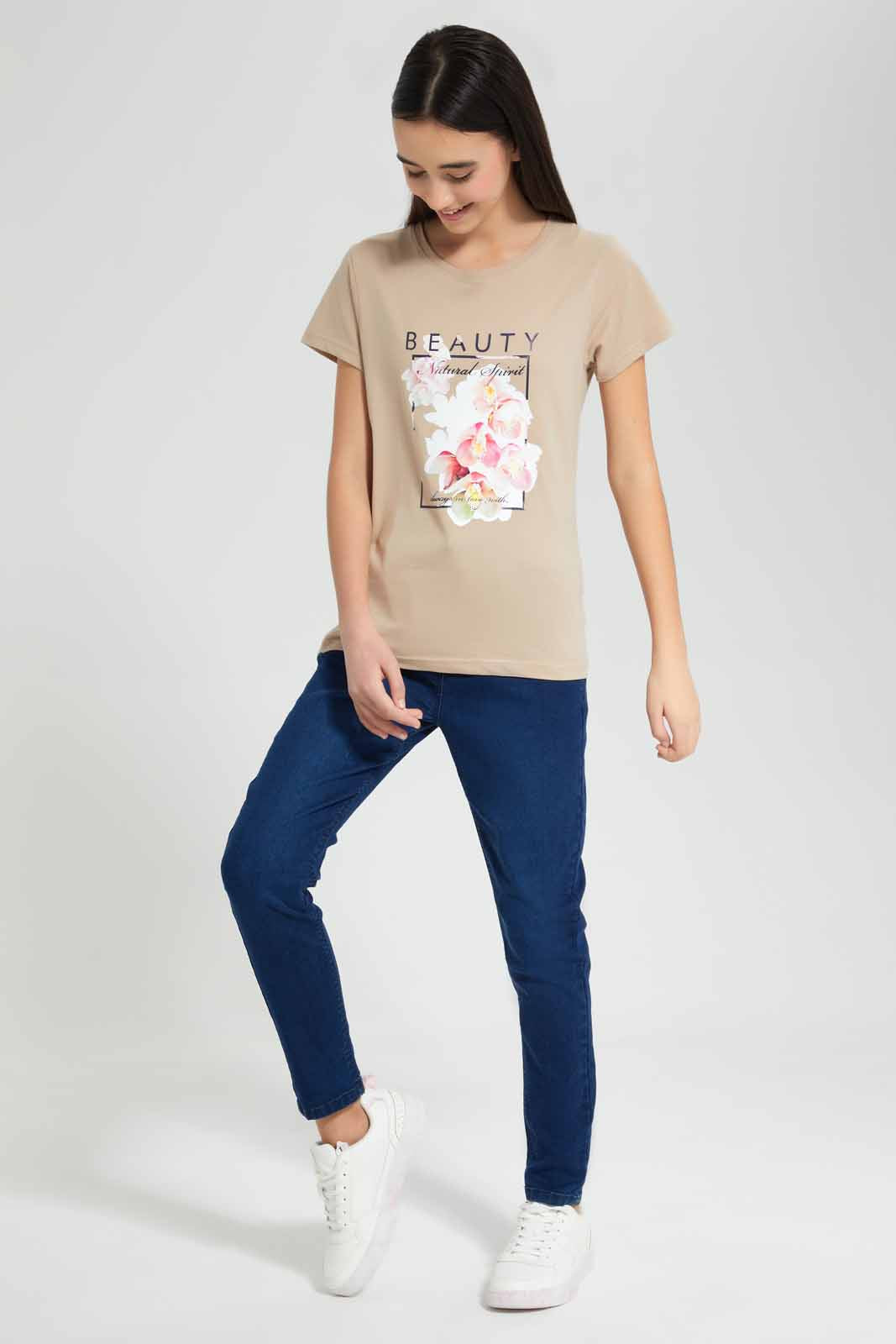 Redtag-Beige-Basic-T-Shirt-Category:T-Shirts,-Colour:Beige,-Deals:New-In,-Filter:Senior-Girls-(9-to-14-Yrs),-GSR-T-Shirts,-New-In-GSR-APL,-Non-Sale,-Section:Girls-(0-to-14Yrs),-TBL,-W22O-Senior-Girls-9 to 14 Years