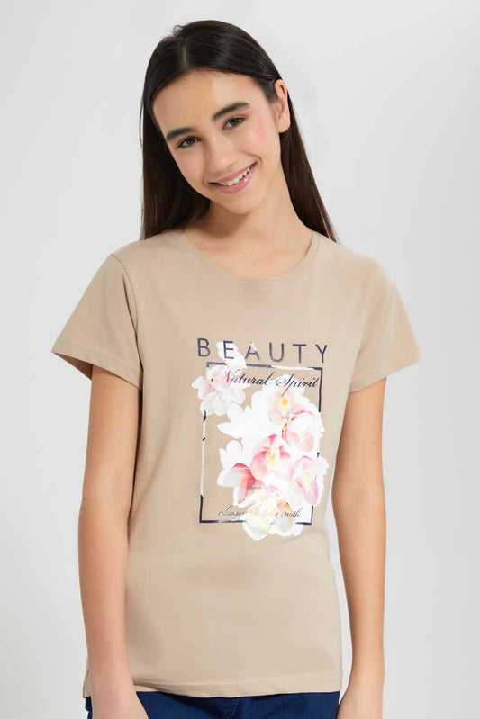 Redtag-Beige-Basic-T-Shirt-Category:T-Shirts,-Colour:Beige,-Deals:New-In,-Filter:Senior-Girls-(9-to-14-Yrs),-GSR-T-Shirts,-New-In-GSR-APL,-Non-Sale,-Section:Girls-(0-to-14Yrs),-TBL,-W22O-Senior-Girls-9 to 14 Years