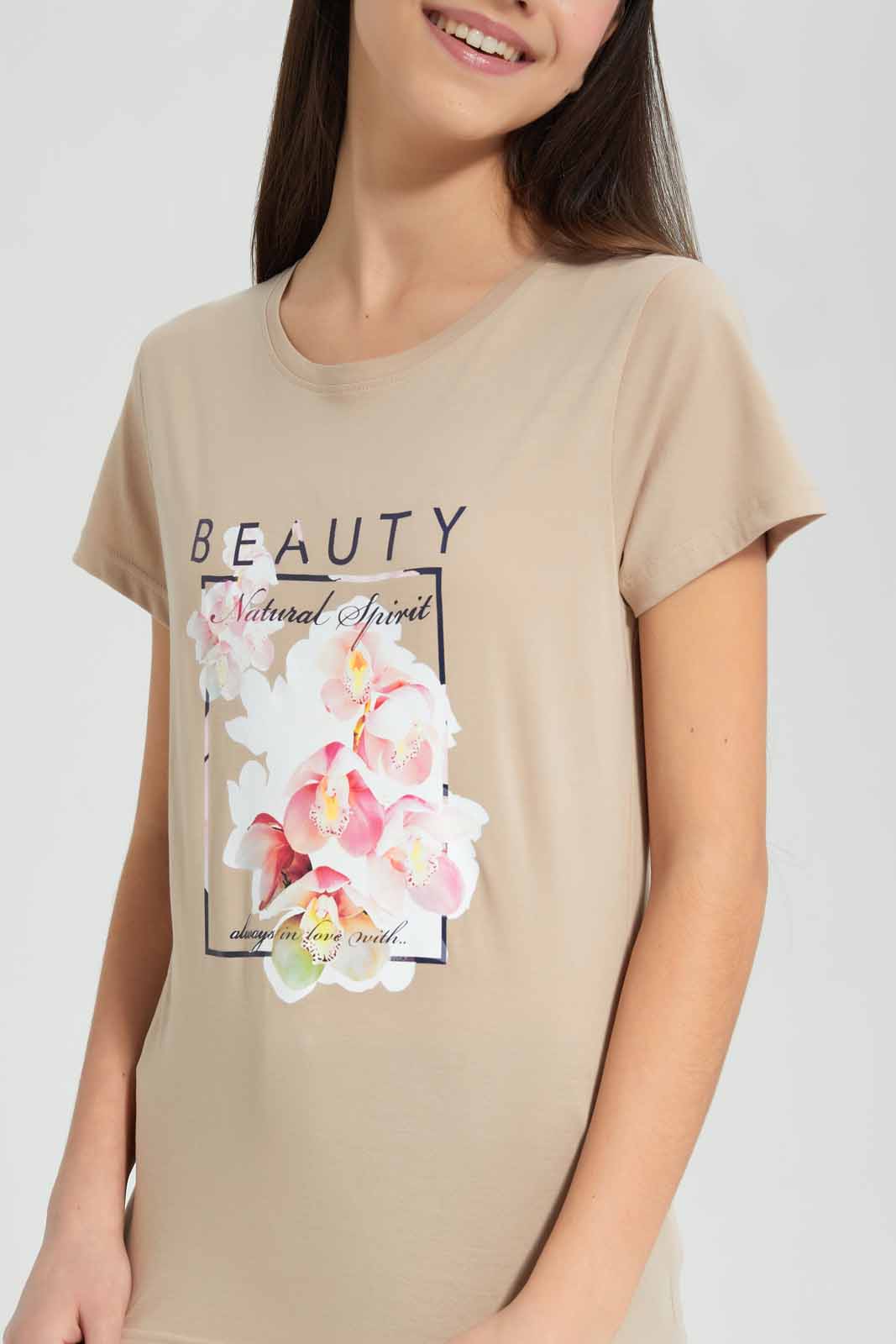 Redtag-Beige-Basic-T-Shirt-Category:T-Shirts,-Colour:Beige,-Deals:New-In,-Filter:Senior-Girls-(9-to-14-Yrs),-GSR-T-Shirts,-New-In-GSR-APL,-Non-Sale,-Section:Girls-(0-to-14Yrs),-TBL,-W22O-Senior-Girls-9 to 14 Years