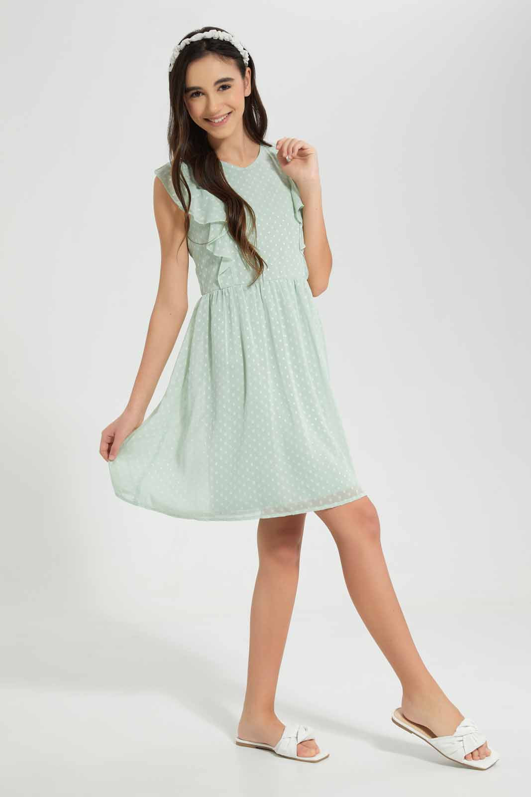 Redtag-Mint-Chiffon-Dobby-Dress-Category:Dresses,-Colour:Mint,-Deals:New-In,-Filter:Senior-Girls-(9-to-14-Yrs),-GSR-Dresses,-New-In-GSR-APL,-Non-Sale,-Section:Girls-(0-to-14Yrs),-W22O-Senior-Girls-9 to 14 Years