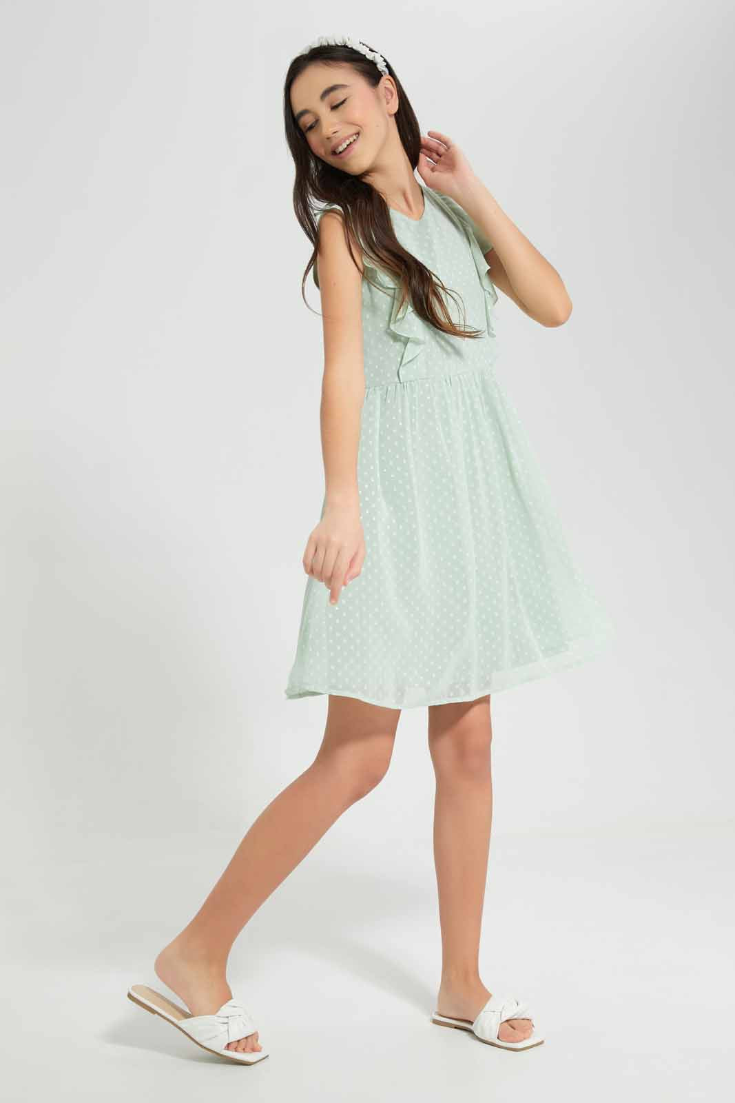 Redtag-Mint-Chiffon-Dobby-Dress-Category:Dresses,-Colour:Mint,-Deals:New-In,-Filter:Senior-Girls-(9-to-14-Yrs),-GSR-Dresses,-New-In-GSR-APL,-Non-Sale,-Section:Girls-(0-to-14Yrs),-W22O-Senior-Girls-9 to 14 Years
