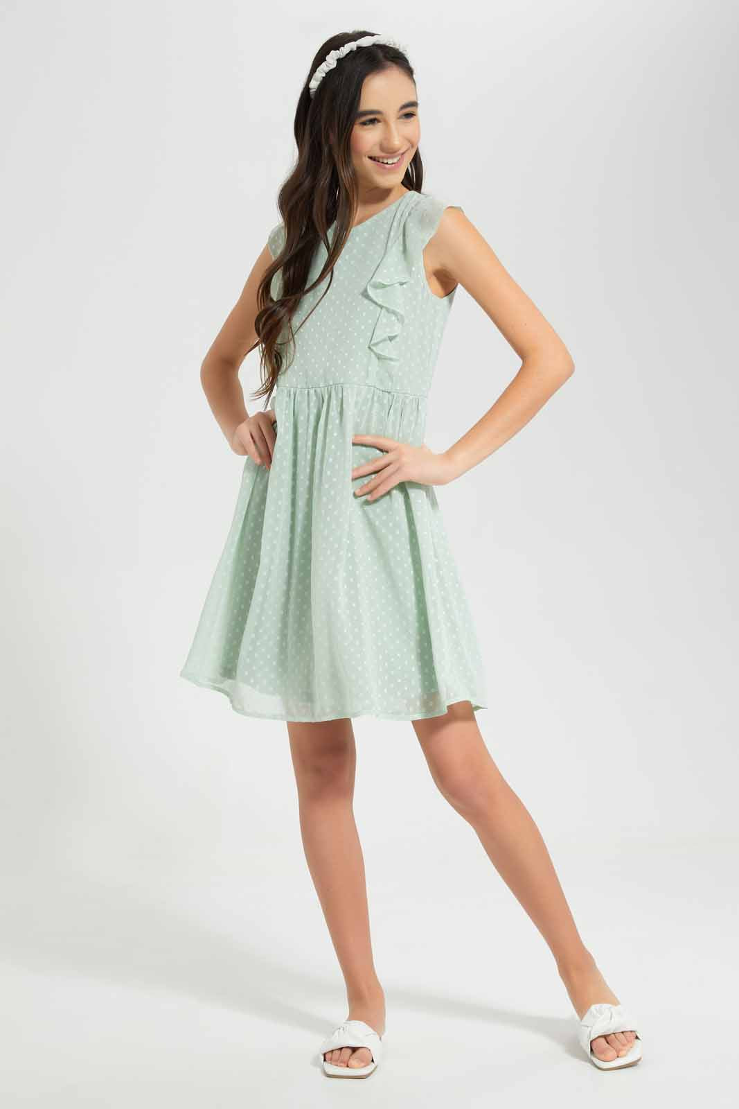 Redtag-Mint-Chiffon-Dobby-Dress-Category:Dresses,-Colour:Mint,-Deals:New-In,-Filter:Senior-Girls-(9-to-14-Yrs),-GSR-Dresses,-New-In-GSR-APL,-Non-Sale,-Section:Girls-(0-to-14Yrs),-W22O-Senior-Girls-9 to 14 Years