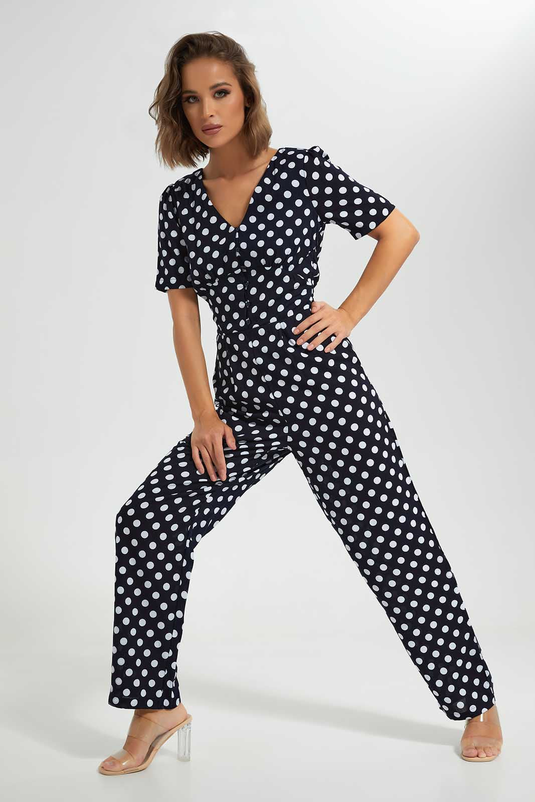 Redtag-Black-Allover-Print-V-Neck-Short-Sleeve-Jumpsuit-Category:Dresses,-Colour:Black,-Deals:New-In,-Filter:Women's-Clothing,-LEC,-LEC-Dresses,-New-In-LEC-APL,-Non-Sale,-Section:Women,-W22O-Women's-