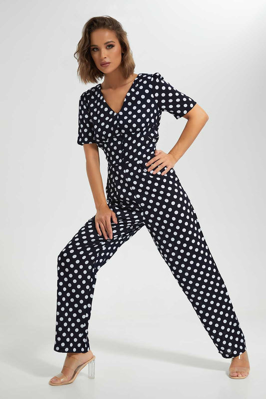 Redtag-Black-Allover-Print-V-Neck-Short-Sleeve-Jumpsuit-Category:Dresses,-Colour:Black,-Deals:New-In,-Filter:Women's-Clothing,-LEC,-LEC-Dresses,-New-In-LEC-APL,-Non-Sale,-Section:Women,-W22O-Women's-