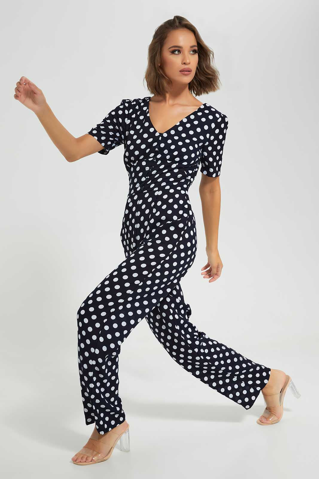 Redtag-Black-Allover-Print-V-Neck-Short-Sleeve-Jumpsuit-Category:Dresses,-Colour:Black,-Deals:New-In,-Filter:Women's-Clothing,-LEC,-LEC-Dresses,-New-In-LEC-APL,-Non-Sale,-Section:Women,-W22O-Women's-