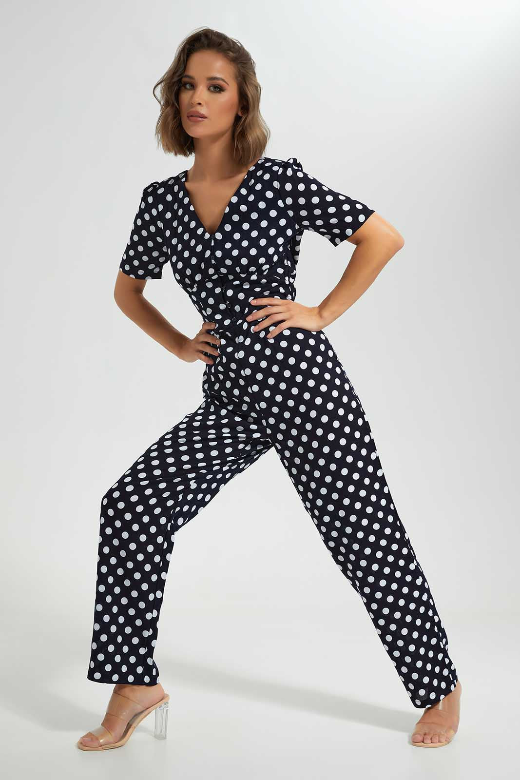 Redtag-Black-Allover-Print-V-Neck-Short-Sleeve-Jumpsuit-Category:Dresses,-Colour:Black,-Deals:New-In,-Filter:Women's-Clothing,-LEC,-LEC-Dresses,-New-In-LEC-APL,-Non-Sale,-Section:Women,-W22O-Women's-