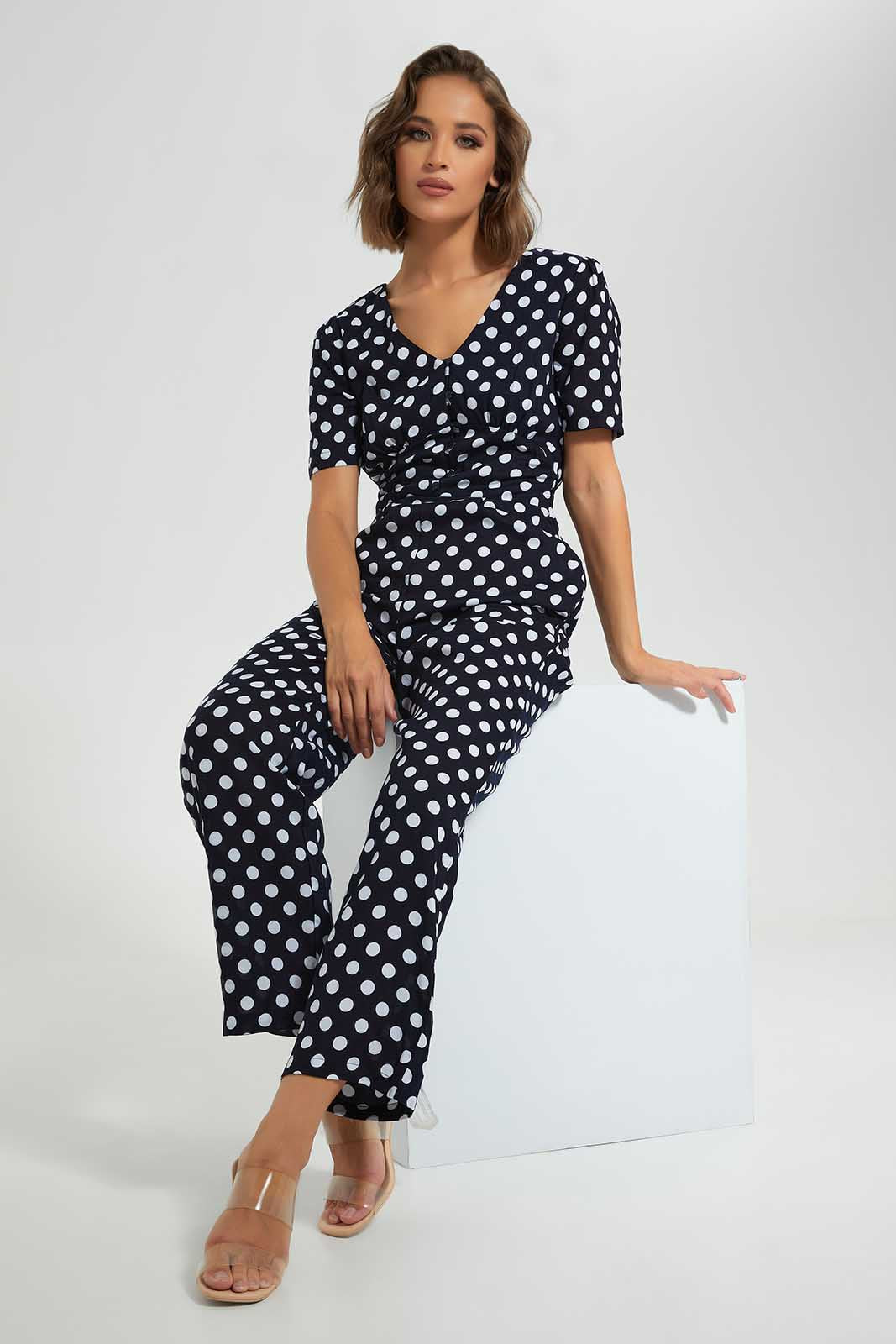 Redtag-Black-Allover-Print-V-Neck-Short-Sleeve-Jumpsuit-Category:Dresses,-Colour:Black,-Deals:New-In,-Filter:Women's-Clothing,-LEC,-LEC-Dresses,-New-In-LEC-APL,-Non-Sale,-Section:Women,-W22O-Women's-