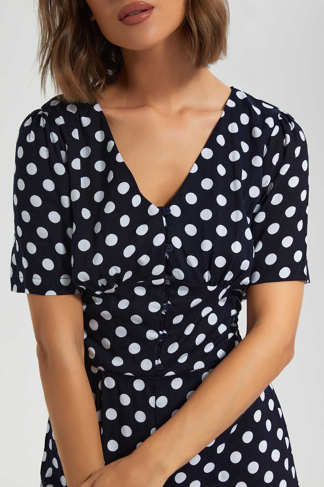 Redtag-Black-Allover-Print-V-Neck-Short-Sleeve-Jumpsuit-Category:Dresses,-Colour:Black,-Deals:New-In,-Filter:Women's-Clothing,-LEC,-LEC-Dresses,-New-In-LEC-APL,-Non-Sale,-Section:Women,-W22O-Women's-