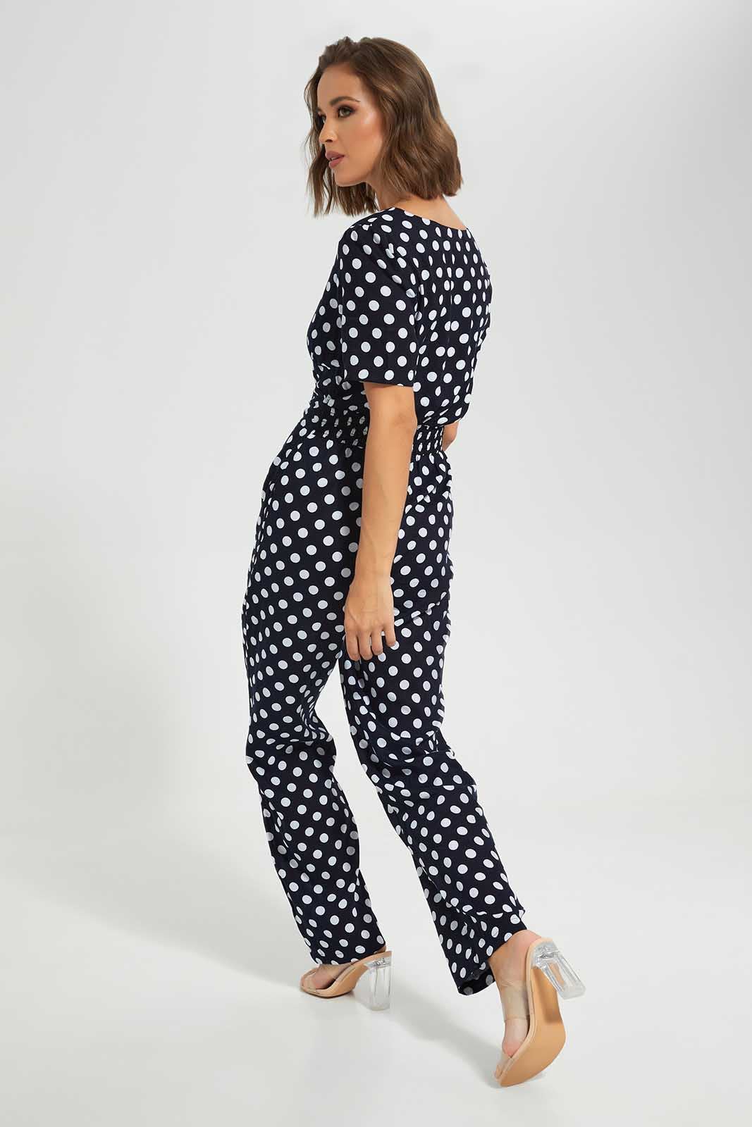 Redtag-Black-Allover-Print-V-Neck-Short-Sleeve-Jumpsuit-Category:Dresses,-Colour:Black,-Deals:New-In,-Filter:Women's-Clothing,-LEC,-LEC-Dresses,-New-In-LEC-APL,-Non-Sale,-Section:Women,-W22O-Women's-