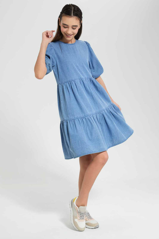 Redtag-Denim-Tiered-Dress-Category:Dresses,-Colour:Blue,-Deals:New-In,-Filter:Senior-Girls-(9-to-14-Yrs),-GSR-Dresses,-New-In-GSR-APL,-Non-Sale,-Section:Girls-(0-to-14Yrs),-W22O-Senior-Girls-9 to 14 Years