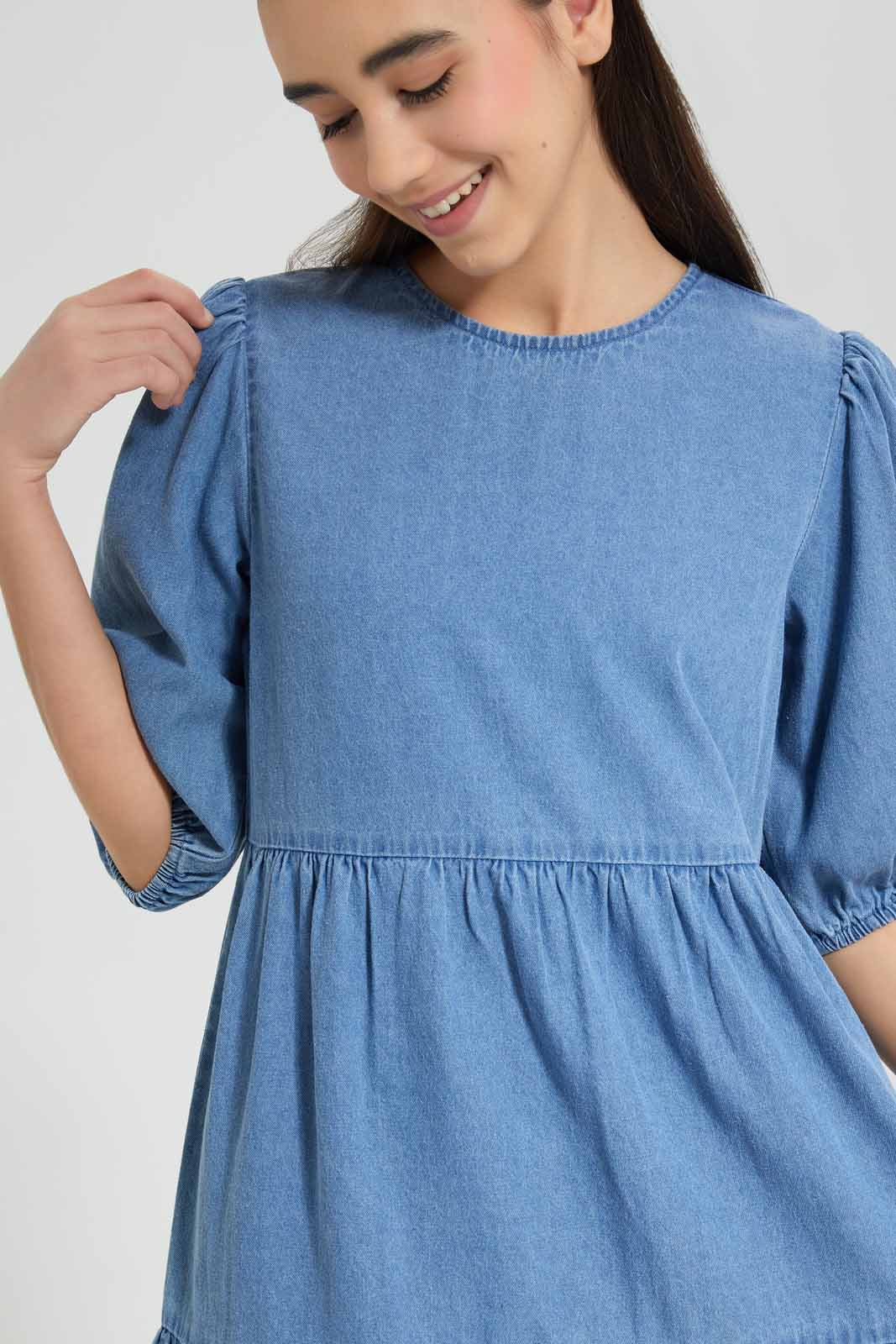 Redtag-Denim-Tiered-Dress-Category:Dresses,-Colour:Blue,-Deals:New-In,-Filter:Senior-Girls-(9-to-14-Yrs),-GSR-Dresses,-New-In-GSR-APL,-Non-Sale,-Section:Girls-(0-to-14Yrs),-W22O-Senior-Girls-9 to 14 Years