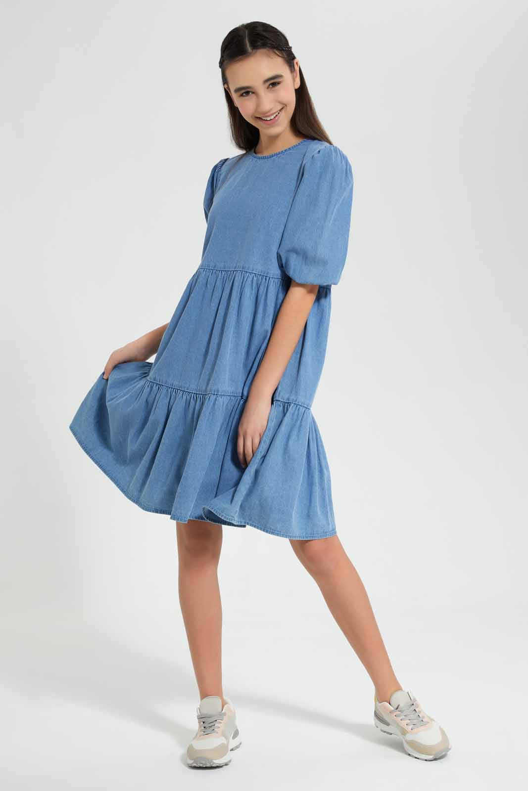 Redtag-Denim-Tiered-Dress-Category:Dresses,-Colour:Blue,-Deals:New-In,-Filter:Senior-Girls-(9-to-14-Yrs),-GSR-Dresses,-New-In-GSR-APL,-Non-Sale,-Section:Girls-(0-to-14Yrs),-W22O-Senior-Girls-9 to 14 Years