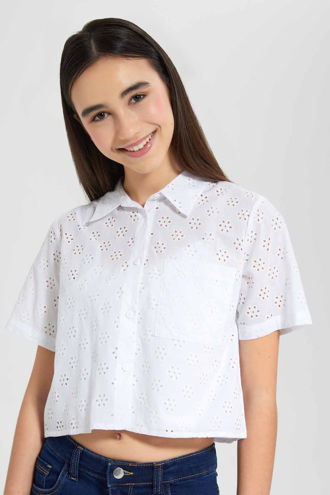 Redtag-White-Chiffly-Crop-Shirt-Category:Blouses,-Colour:White,-Deals:New-In,-Filter:Senior-Girls-(9-to-14-Yrs),-GSR-Blouses,-New-In-GSR-APL,-Non-Sale,-Section:Girls-(0-to-14Yrs),-W22O-Senior-Girls-9 to 14 Years