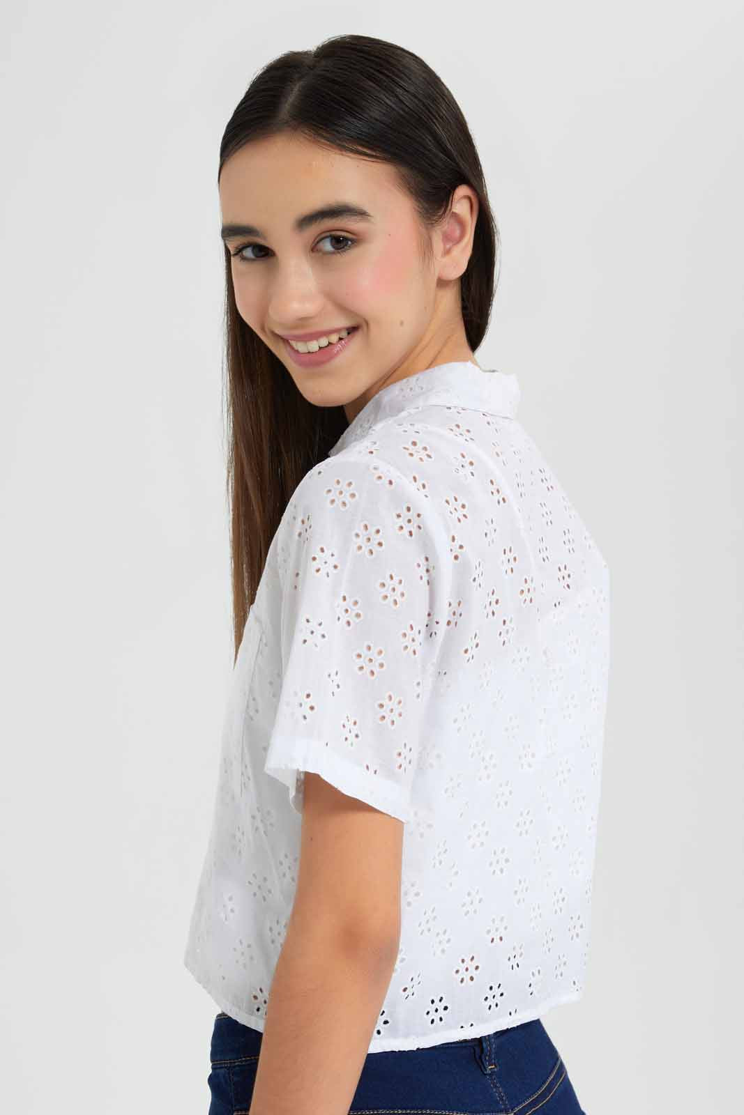 Redtag-White-Chiffly-Crop-Shirt-Category:Blouses,-Colour:White,-Deals:New-In,-Filter:Senior-Girls-(9-to-14-Yrs),-GSR-Blouses,-New-In-GSR-APL,-Non-Sale,-Section:Girls-(0-to-14Yrs),-W22O-Senior-Girls-9 to 14 Years