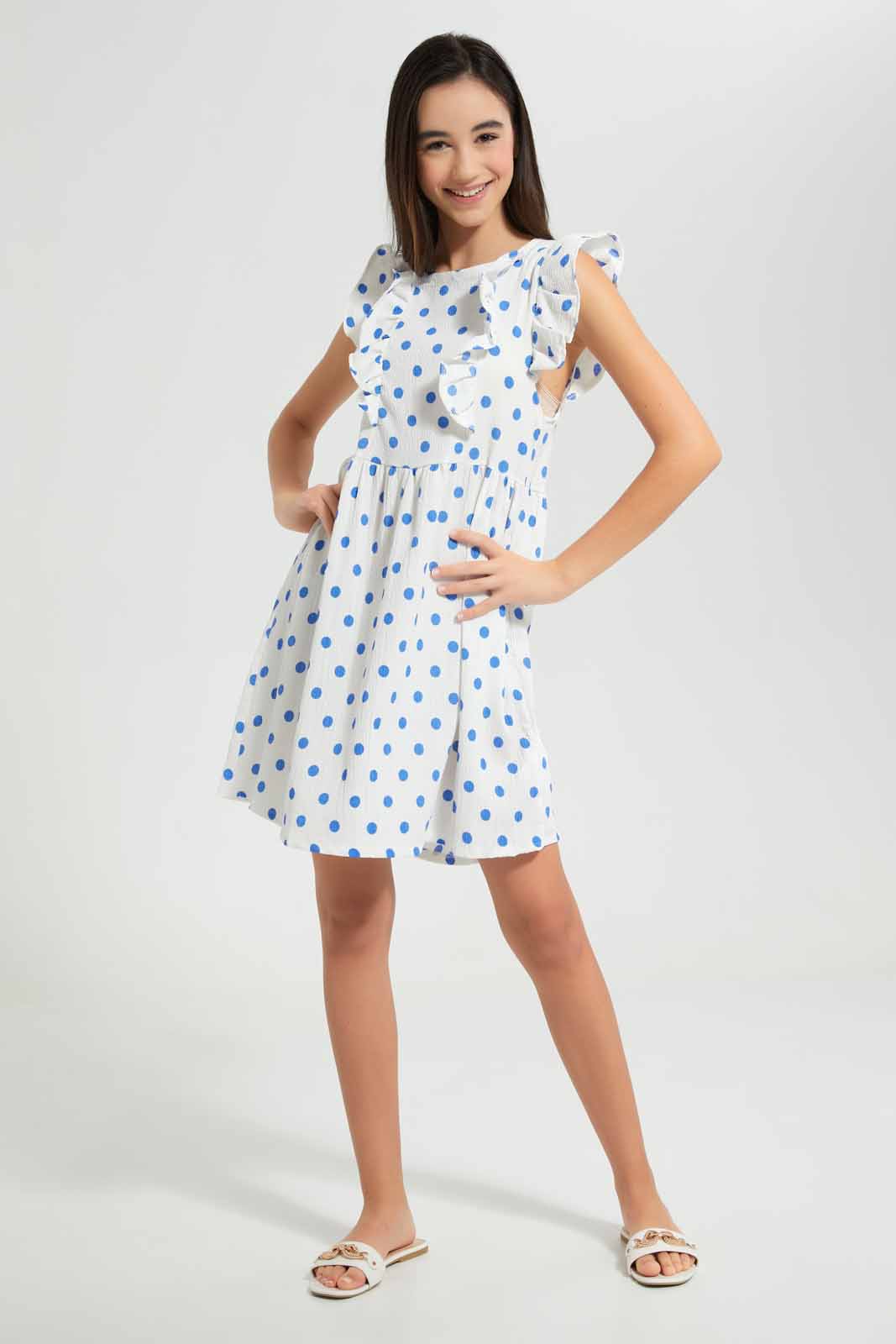 Redtag-White/Blue-Polka-Dots-Jacquard-Dress-Category:Dresses,-Colour:Assorted,-Deals:New-In,-Filter:Senior-Girls-(9-to-14-Yrs),-GSR-Dresses,-New-In-GSR-APL,-Non-Sale,-Section:Girls-(0-to-14Yrs),-W22O-Senior-Girls-9 to 14 Years