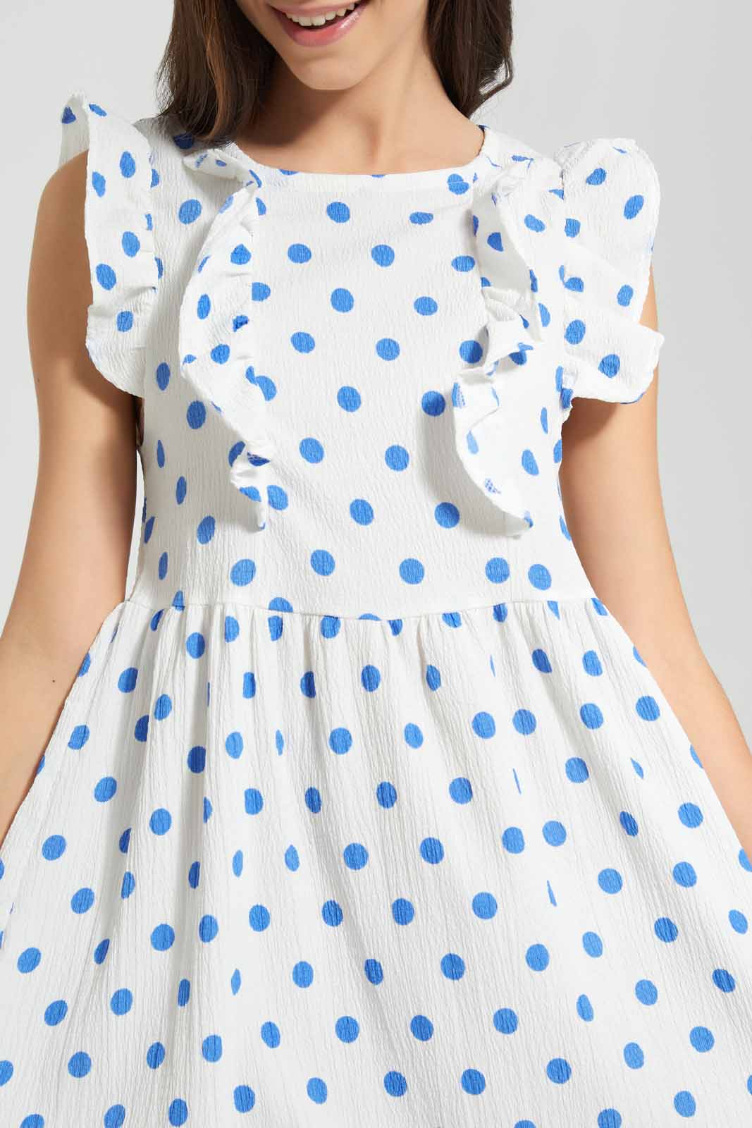 Redtag-White/Blue-Polka-Dots-Jacquard-Dress-Category:Dresses,-Colour:Assorted,-Deals:New-In,-Filter:Senior-Girls-(9-to-14-Yrs),-GSR-Dresses,-New-In-GSR-APL,-Non-Sale,-Section:Girls-(0-to-14Yrs),-W22O-Senior-Girls-9 to 14 Years