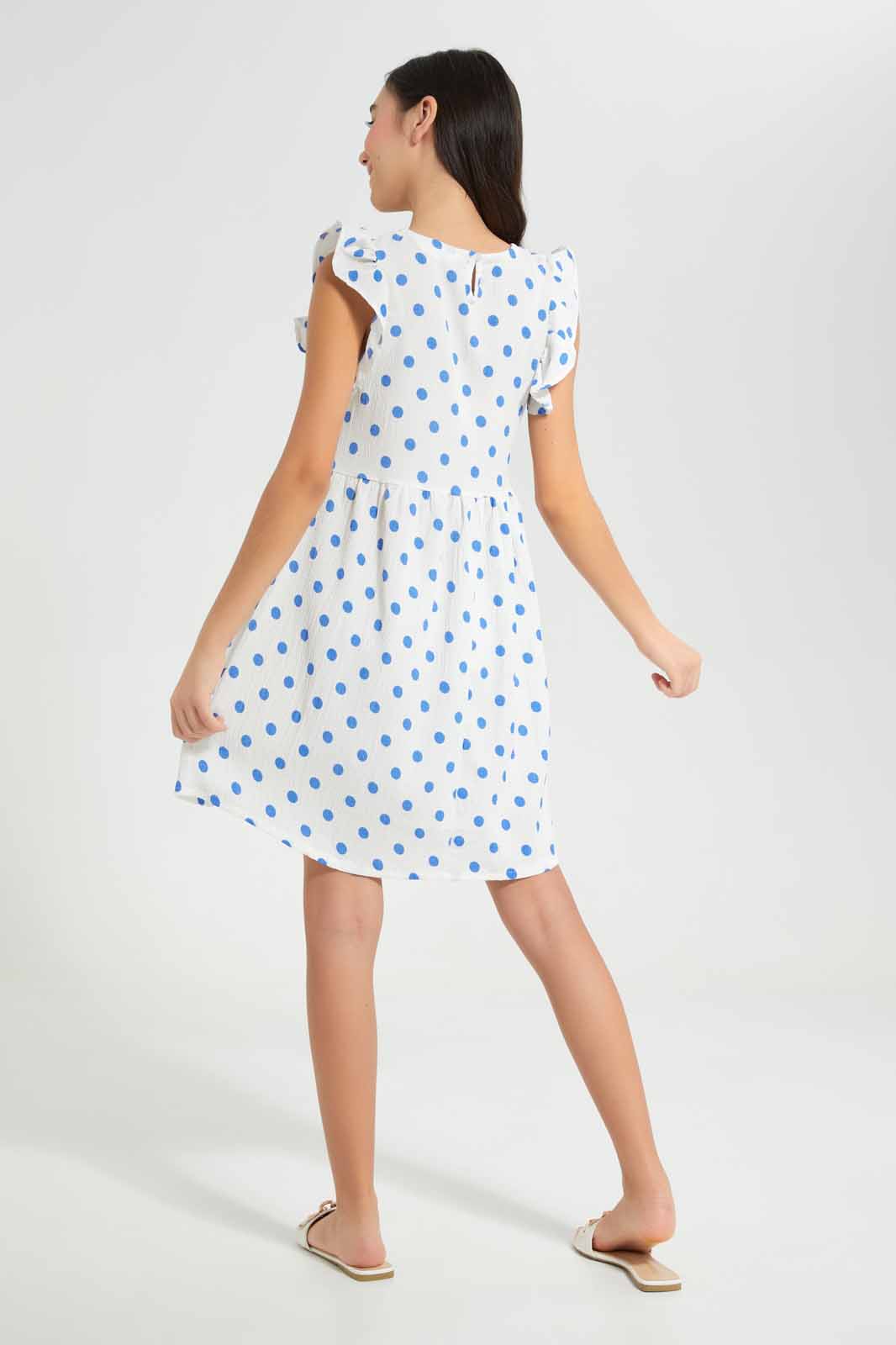 Redtag-White/Blue-Polka-Dots-Jacquard-Dress-Category:Dresses,-Colour:Assorted,-Deals:New-In,-Filter:Senior-Girls-(9-to-14-Yrs),-GSR-Dresses,-New-In-GSR-APL,-Non-Sale,-Section:Girls-(0-to-14Yrs),-W22O-Senior-Girls-9 to 14 Years