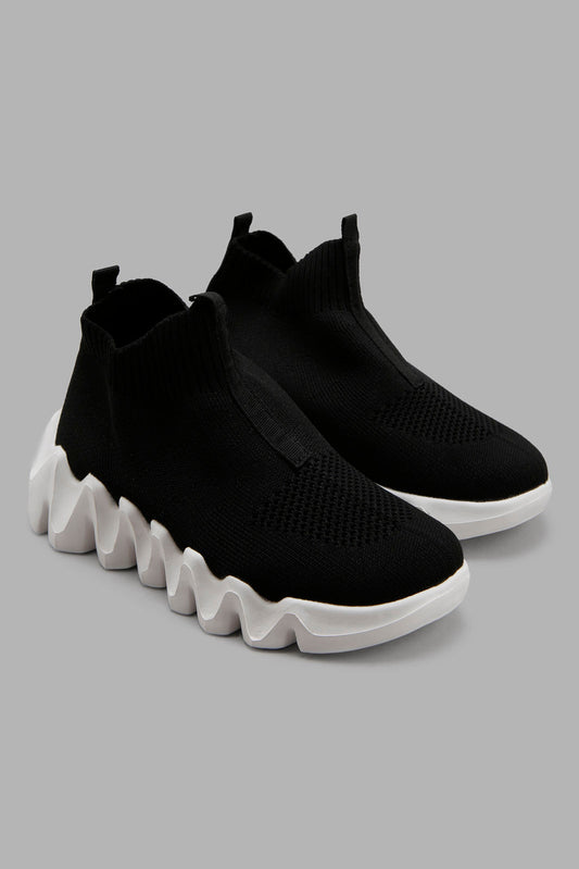 Redtag-Black-Knit-High-Top-BOY-Trainers,-Category:Trainers,-Colour:Black,-Deals:New-In,-Filter:Boys-Footwear-(3-to-5-Yrs),-New-In-BOY-FOO,-Non-Sale,-Section:Boys-(0-to-14Yrs),-W22A-Boys-3 to 5 Years
