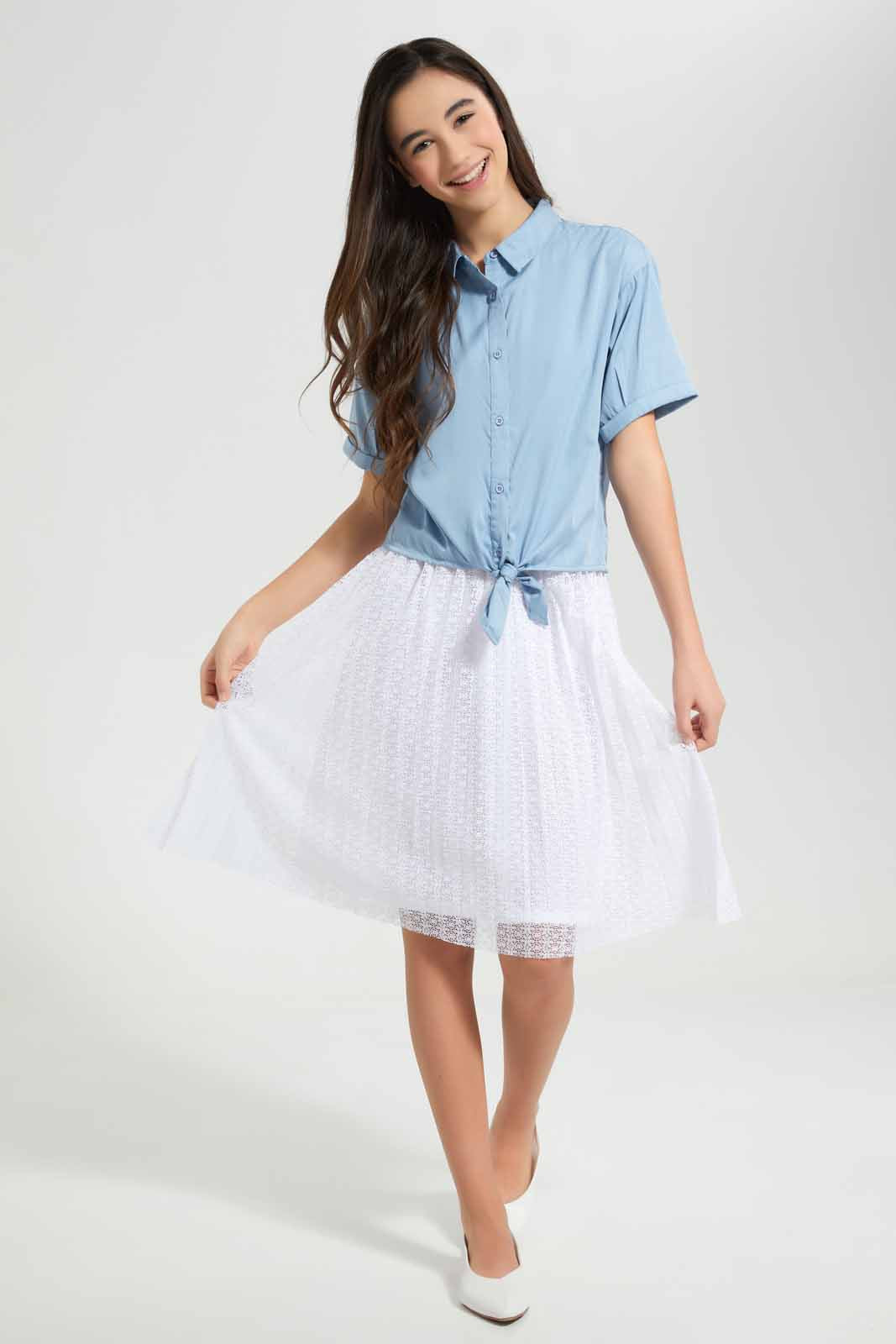 Redtag-Blue-Denim-Front-Tie-Shorts-Category:Blouses,-Colour:Blue,-Deals:New-In,-Filter:Senior-Girls-(9-to-14-Yrs),-GSR-Blouses,-New-In-GSR-APL,-Non-Sale,-Section:Girls-(0-to-14Yrs),-W22O-Senior-Girls-9 to 14 Years