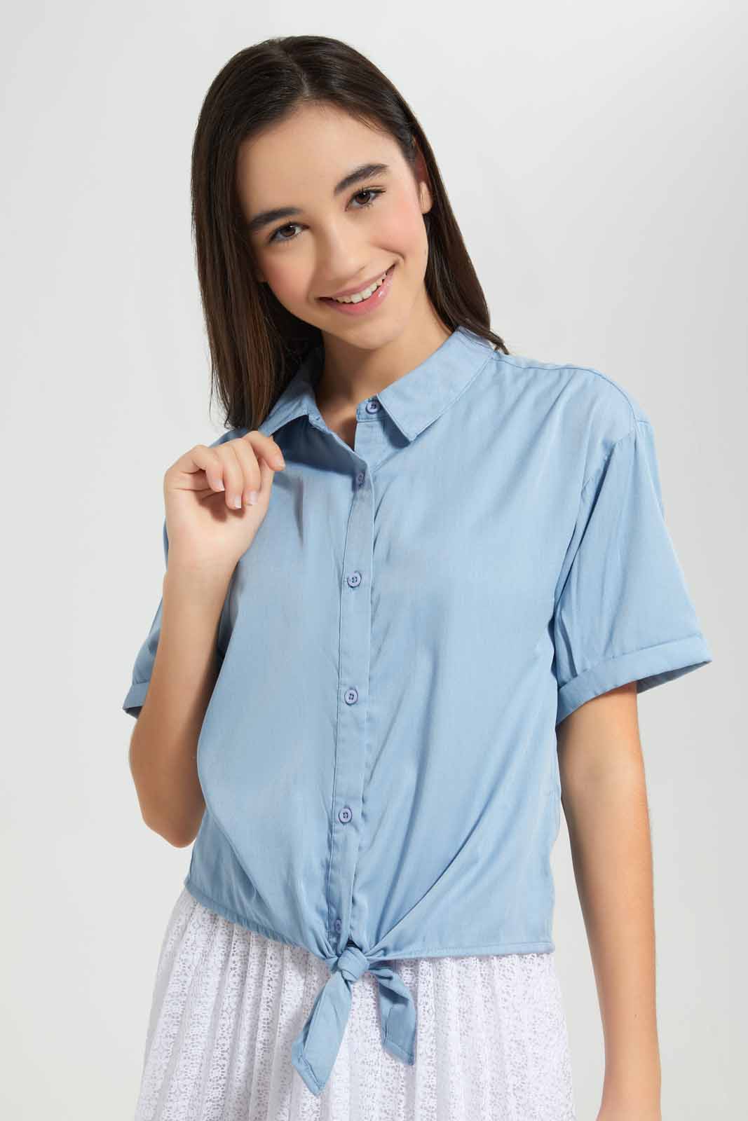 Redtag-Blue-Denim-Front-Tie-Shorts-Category:Blouses,-Colour:Blue,-Deals:New-In,-Filter:Senior-Girls-(9-to-14-Yrs),-GSR-Blouses,-New-In-GSR-APL,-Non-Sale,-Section:Girls-(0-to-14Yrs),-W22O-Senior-Girls-9 to 14 Years