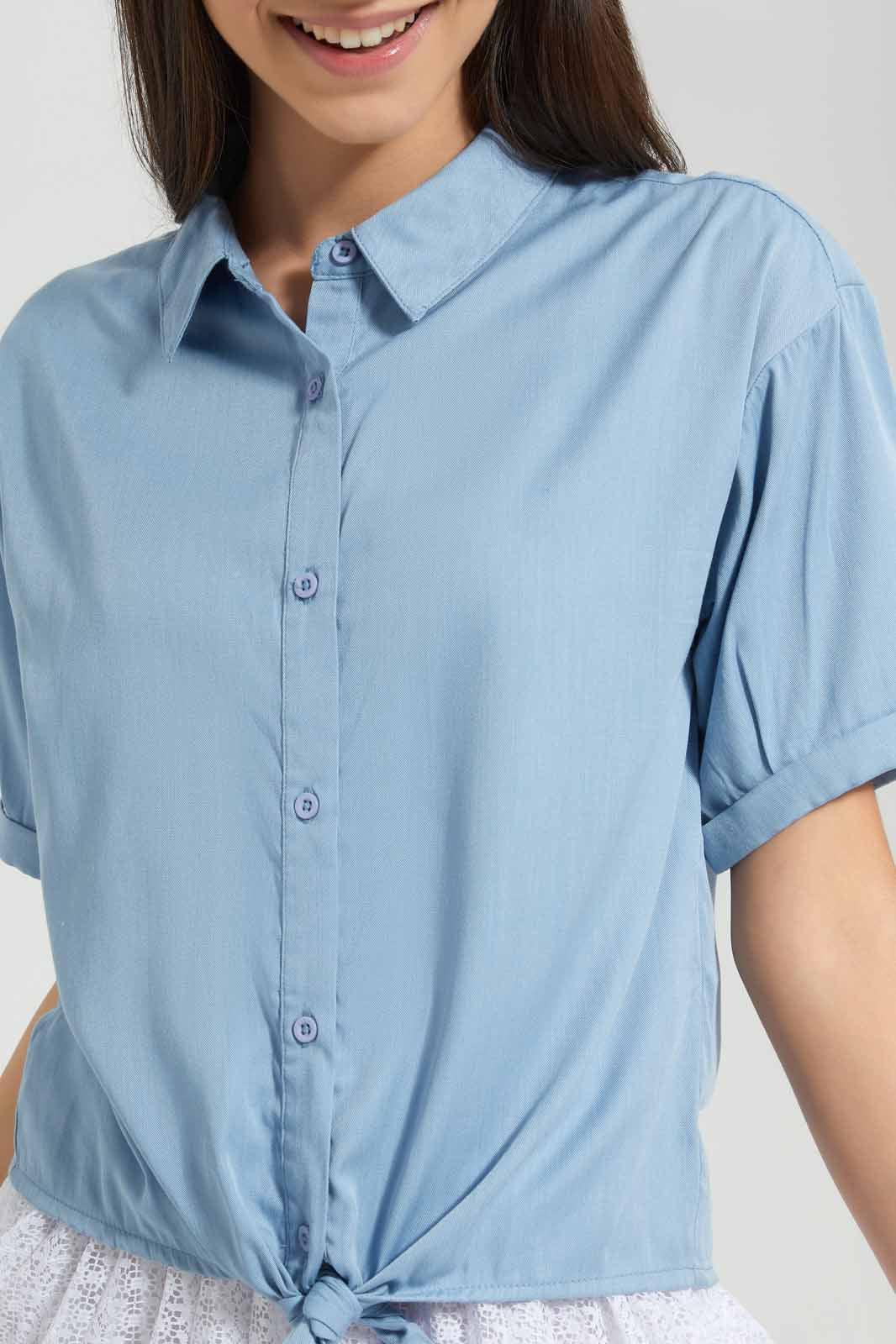Redtag-Blue-Denim-Front-Tie-Shorts-Category:Blouses,-Colour:Blue,-Deals:New-In,-Filter:Senior-Girls-(9-to-14-Yrs),-GSR-Blouses,-New-In-GSR-APL,-Non-Sale,-Section:Girls-(0-to-14Yrs),-W22O-Senior-Girls-9 to 14 Years