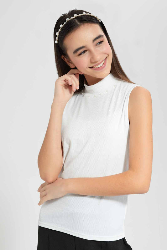 Redtag-White-Highneck-Rib-Top-Category:Blouses,-Colour:White,-Deals:New-In,-Filter:Senior-Girls-(9-to-14-Yrs),-GSR-Blouses,-New-In-GSR-APL,-Non-Sale,-Section:Girls-(0-to-14Yrs),-W22O-Senior-Girls-9 to 14 Years