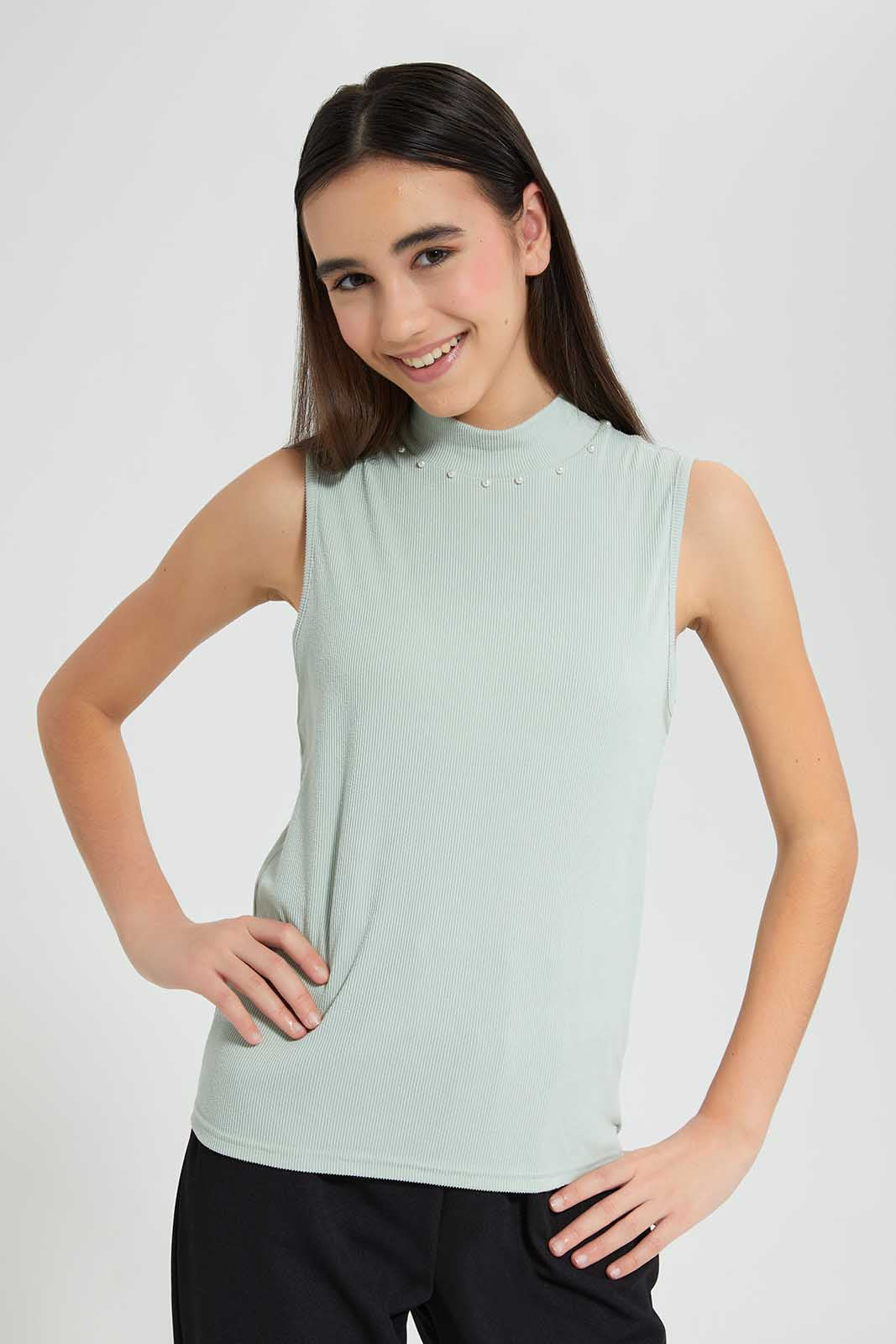 Redtag-Mint-Highneck-Rib-Top-Category:Blouses,-Colour:Mint,-Deals:New-In,-Filter:Senior-Girls-(9-to-14-Yrs),-GSR-Blouses,-New-In-GSR-APL,-Non-Sale,-Section:Girls-(0-to-14Yrs),-W22O-Senior-Girls-9 to 14 Years