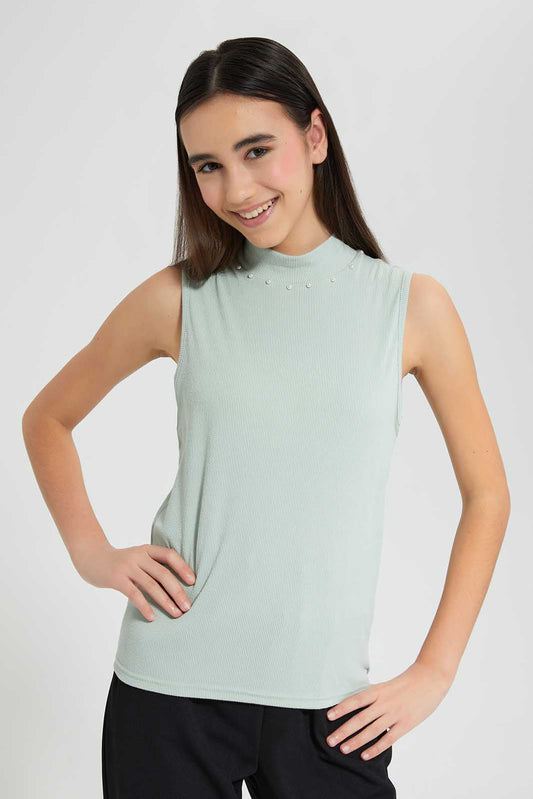 Redtag-Mint-Highneck-Rib-Top-Category:Blouses,-Colour:Mint,-Deals:New-In,-Filter:Senior-Girls-(9-to-14-Yrs),-GSR-Blouses,-New-In-GSR-APL,-Non-Sale,-Section:Girls-(0-to-14Yrs),-W22O-Senior-Girls-9 to 14 Years