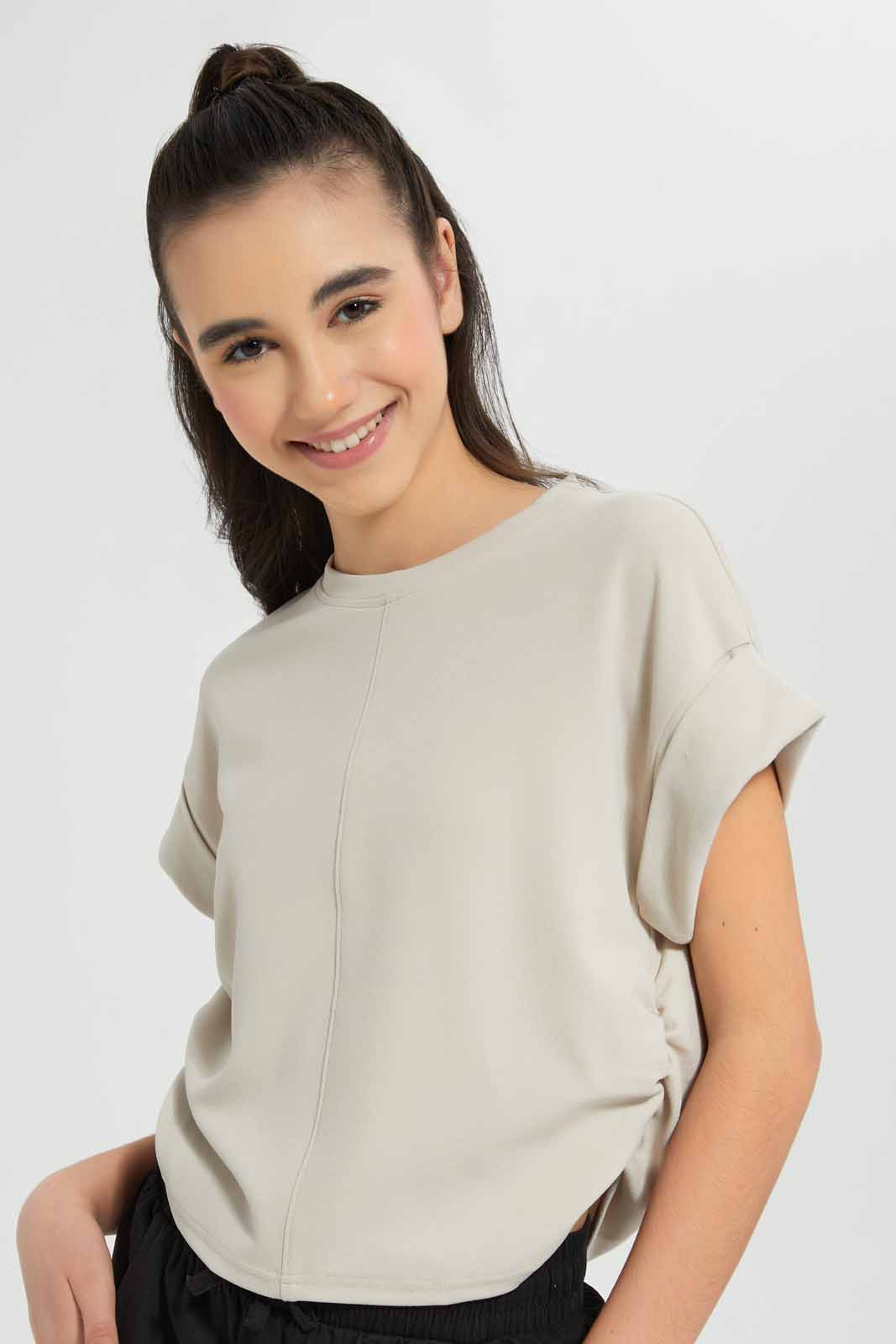 Redtag-Beige-Top-With-Gathering-On-Side-Category:Blouses,-Colour:Beige,-Deals:New-In,-Filter:Senior-Girls-(9-to-14-Yrs),-GSR-Blouses,-New-In-GSR-APL,-Non-Sale,-Section:Girls-(0-to-14Yrs),-W22O-Senior-Girls-9 to 14 Years
