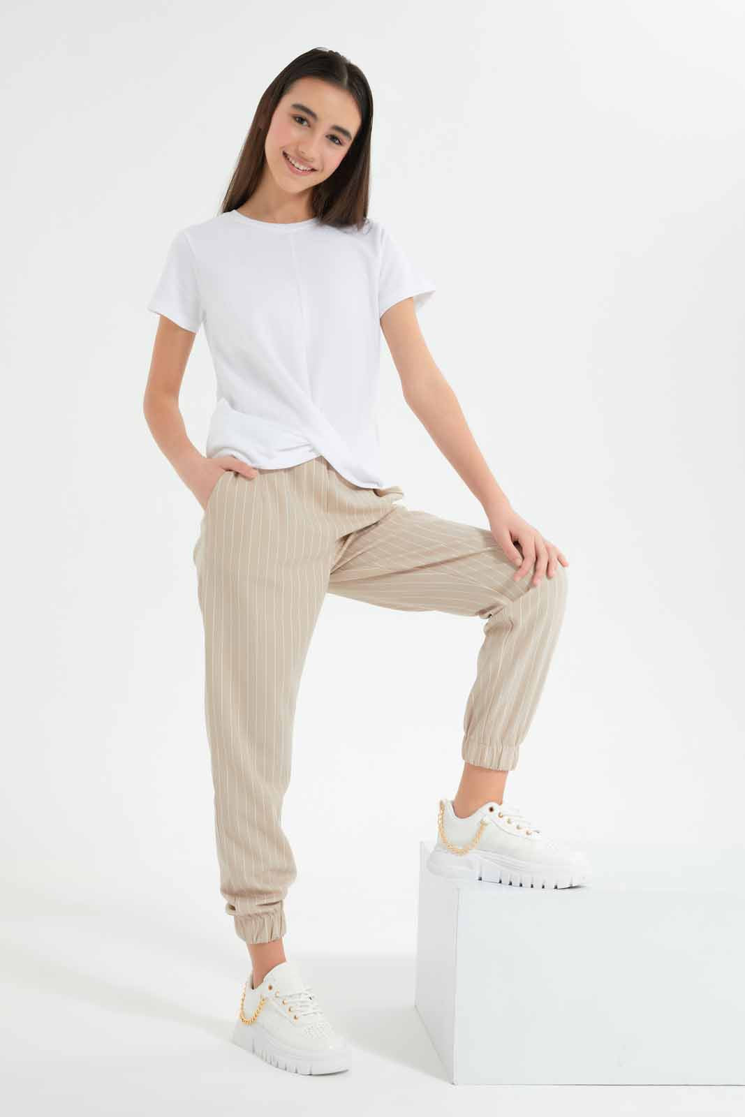 Redtag-Beige/White-Stripes-Knitted-Harem-Pant-Category:Trousers,-Colour:Assorted,-Deals:New-In,-Filter:Senior-Girls-(9-to-14-Yrs),-GSR-Trousers,-New-In-GSR-APL,-Non-Sale,-Section:Girls-(0-to-14Yrs),-TBL,-W22O-Senior-Girls-9 to 14 Years