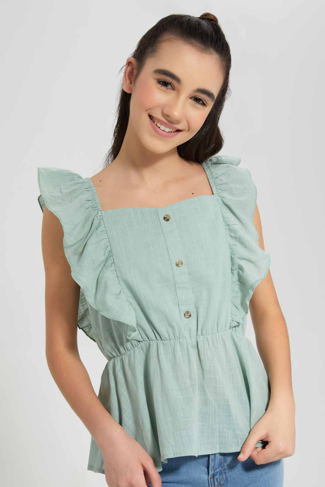 Redtag-Mint-Ruffled-Front-Blouse-Category:Blouses,-Colour:Mint,-Deals:New-In,-Filter:Senior-Girls-(9-to-14-Yrs),-GSR-Blouses,-New-In-GSR-APL,-Non-Sale,-Section:Girls-(0-to-14Yrs),-W22O-Senior-Girls-9 to 14 Years