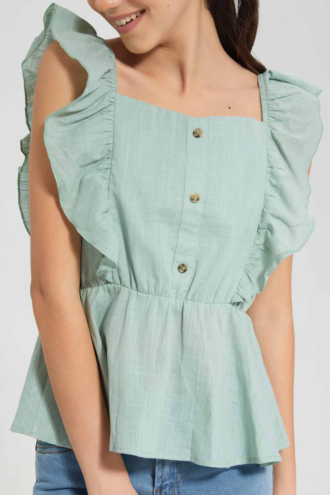 Redtag-Mint-Ruffled-Front-Blouse-Category:Blouses,-Colour:Mint,-Deals:New-In,-Filter:Senior-Girls-(9-to-14-Yrs),-GSR-Blouses,-New-In-GSR-APL,-Non-Sale,-Section:Girls-(0-to-14Yrs),-W22O-Senior-Girls-9 to 14 Years