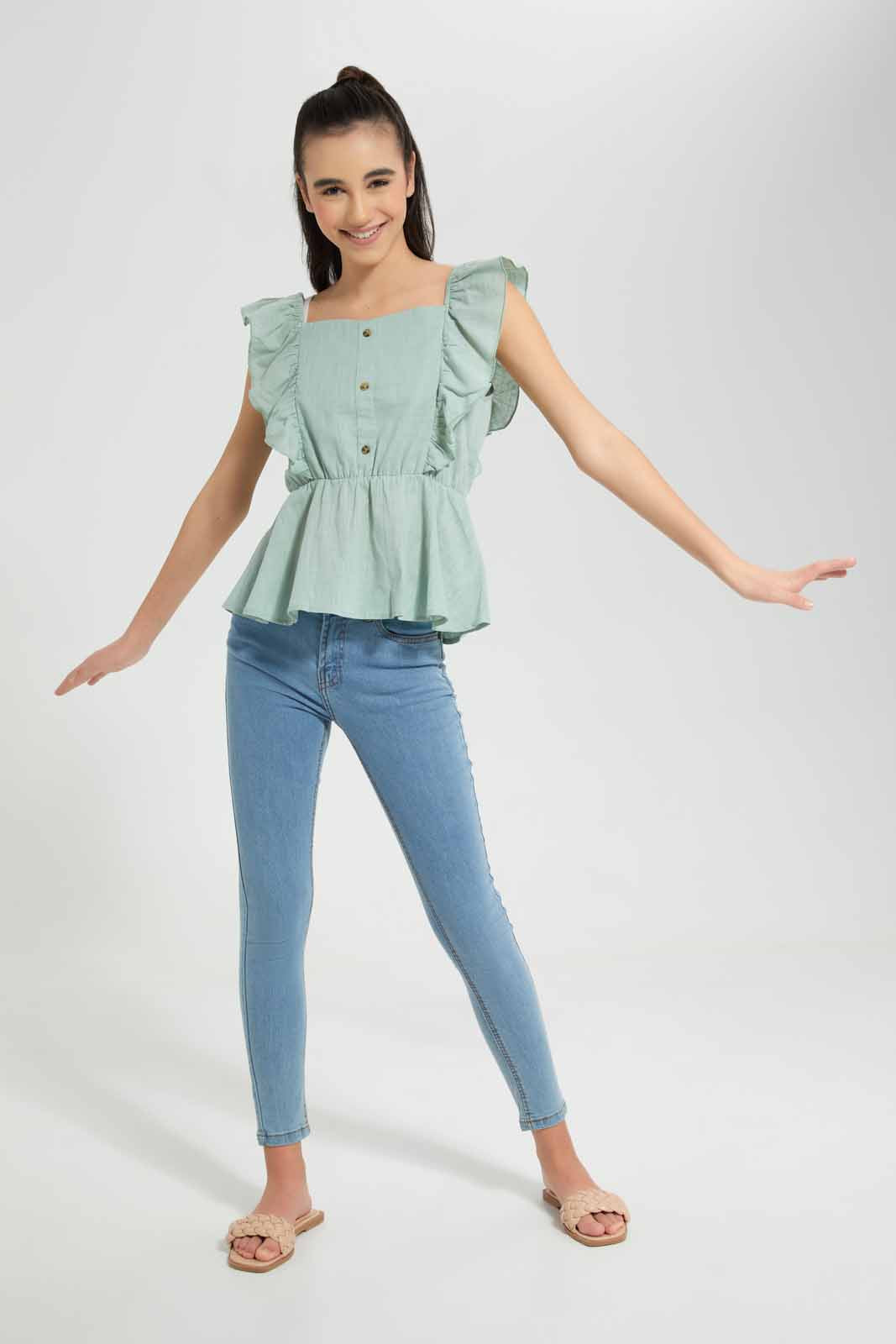 Redtag-Mint-Ruffled-Front-Blouse-Category:Blouses,-Colour:Mint,-Deals:New-In,-Filter:Senior-Girls-(9-to-14-Yrs),-GSR-Blouses,-New-In-GSR-APL,-Non-Sale,-Section:Girls-(0-to-14Yrs),-W22O-Senior-Girls-9 to 14 Years
