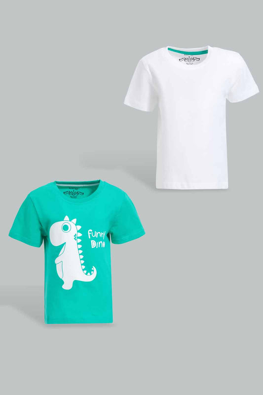 Redtag-Green-Dino-Tshirt-With-White-Solid-Tshirt-2-Pack-Category:T-Shirts,-Colour:Green,-Deals:New-In,-Filter:Infant-Boys-(3-to-24-Mths),-INB-T-Shirts,-New-In-INB-APL,-Non-Sale,-Section:Boys-(0-to-14Yrs),-VLM,-W22O-Infant-Boys-