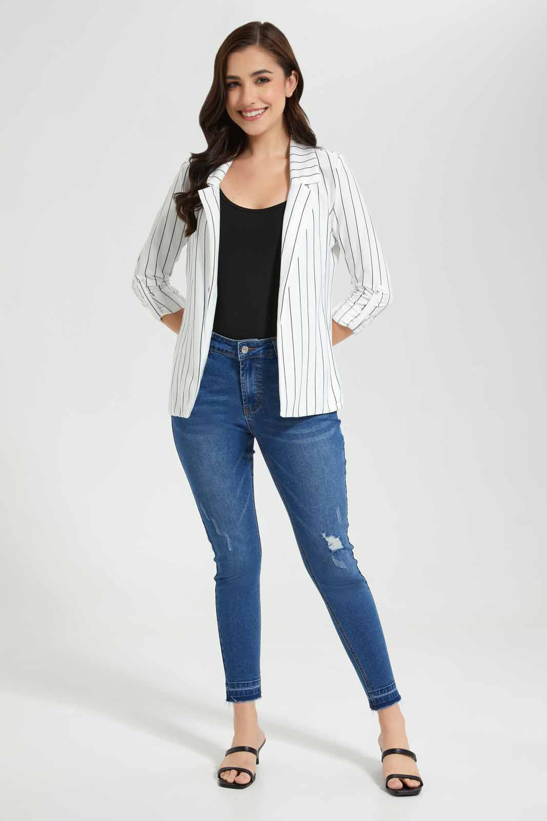 Redtag-White-Stripe-Rolled-Up-Sleeve-Jacket-Category:Jackets,-Colour:White,-Deals:New-In,-Filter:Women's-Clothing,-New-In-Women-APL,-Non-Sale,-Section:Women,-W22O,-Women-Jackets-Women's-