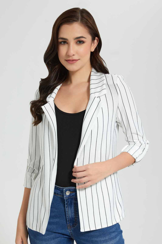 Redtag-White-Stripe-Rolled-Up-Sleeve-Jacket-Category:Jackets,-Colour:White,-Deals:New-In,-Filter:Women's-Clothing,-New-In-Women-APL,-Non-Sale,-Section:Women,-W22O,-Women-Jackets-Women's-