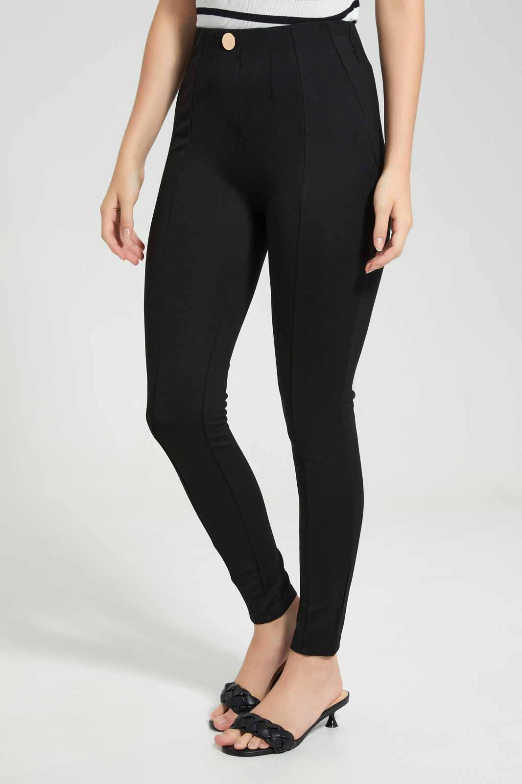 Redtag-Black-Pleated-Pontie-Legging-With-Button-Details-Category:Jeggings,-Colour:Black,-Deals:New-In,-Filter:Women's-Clothing,-New-In-Women-APL,-Non-Sale,-Section:Women,-W22O,-Women-Jeggings-Women's-