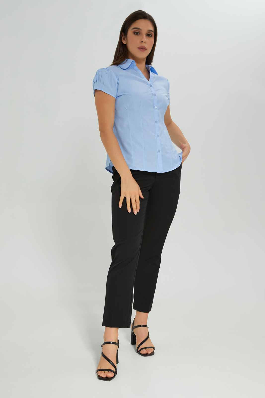 Redtag-Blue-Short-Sleeve-Formal-Shirt-Category:Blouses,-Colour:Blue,-Deals:New-In,-Dept:Ladieswear,-Filter:Women's-Clothing,-New-In-Women-APL,-Non-Sale,-Section:Women,-W22O,-Women-Blouses-Women's-