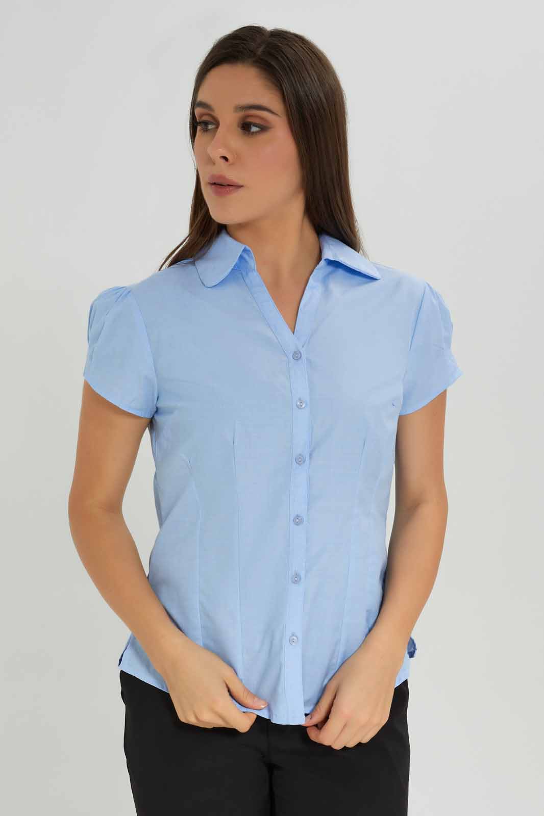 Redtag-Blue-Short-Sleeve-Formal-Shirt-Category:Blouses,-Colour:Blue,-Deals:New-In,-Dept:Ladieswear,-Filter:Women's-Clothing,-New-In-Women-APL,-Non-Sale,-Section:Women,-W22O,-Women-Blouses-Women's-