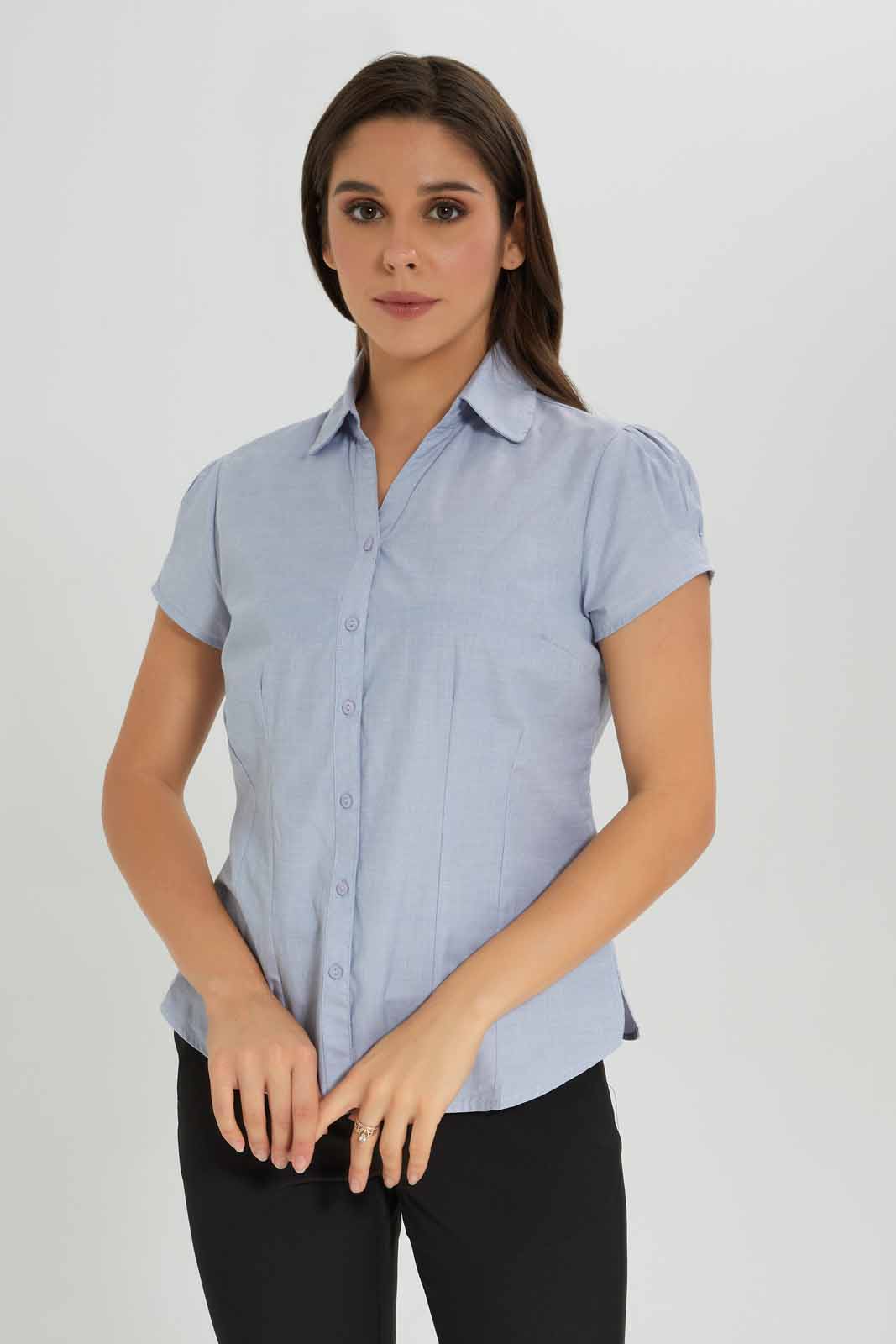 Redtag-Pale-Blue-Short-Sleeve-Formal-Shirt-Category:Blouses,-Colour:Blue,-Deals:New-In,-Dept:Ladieswear,-Filter:Women's-Clothing,-New-In-Women-APL,-Non-Sale,-Section:Women,-W22O,-Women-Blouses-Women's-