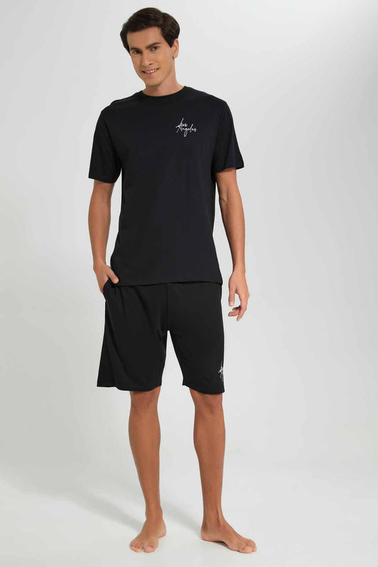 Redtag-Black-Pyjama-Short-Set-With-Logo-Category:Pyjama-Sets,-Colour:Black,-Deals:New-In,-Filter:Men's-Clothing,-Men-Pyjama-Sets,-New-In-Men-APL,-Non-Sale,-Section:Men,-W22O-Men's-