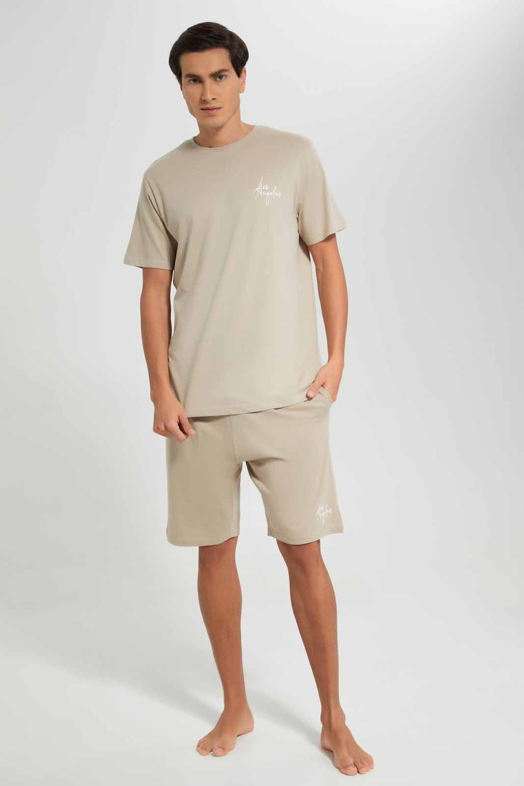Redtag-Beige-Pyjama-Short-Set-With-Logo-Category:Pyjama-Sets,-Colour:Beige,-Deals:New-In,-Filter:Men's-Clothing,-Men-Pyjama-Sets,-New-In-Men-APL,-Non-Sale,-Section:Men,-W22O-Men's-