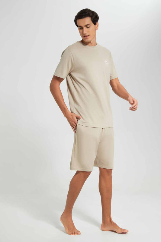 Redtag-Beige-Pyjama-Short-Set-With-Logo-Category:Pyjama-Sets,-Colour:Beige,-Deals:New-In,-Filter:Men's-Clothing,-Men-Pyjama-Sets,-New-In-Men-APL,-Non-Sale,-Section:Men,-W22O-Men's-