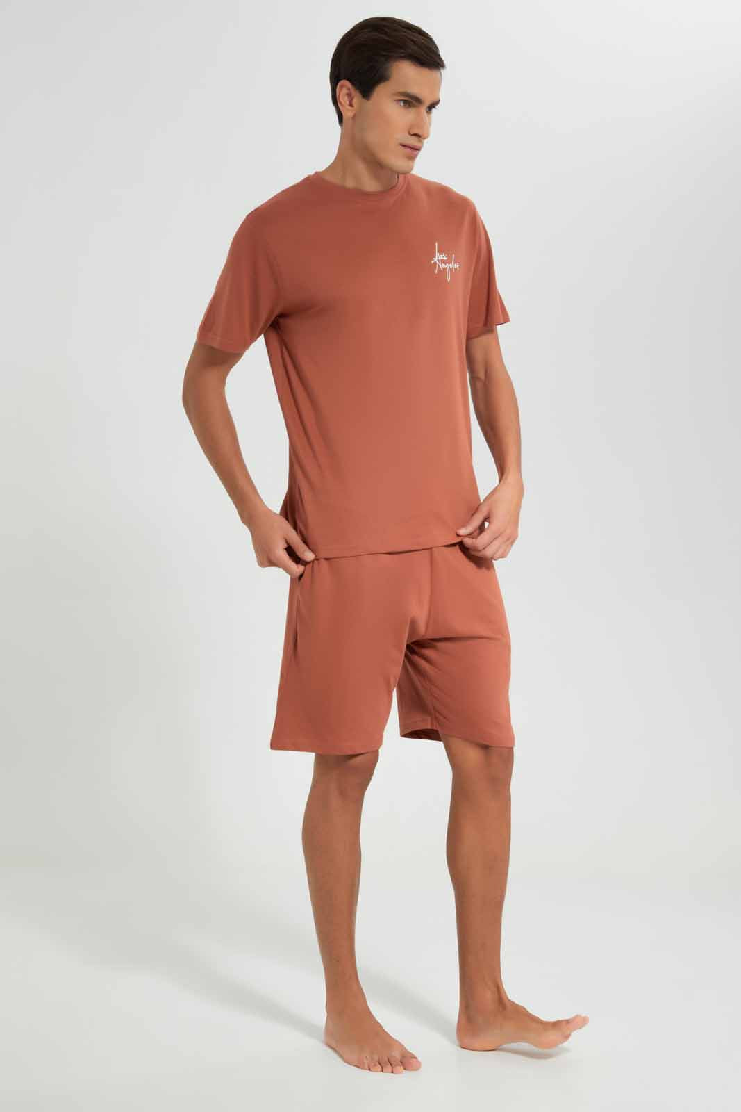 Redtag-Rust-Pyjama-Short-Set-With-Logo-Category:Pyjama-Sets,-Colour:Orange,-Deals:New-In,-Filter:Men's-Clothing,-Men-Pyjama-Sets,-New-In-Men-APL,-Non-Sale,-Section:Men,-W22O-Men's-