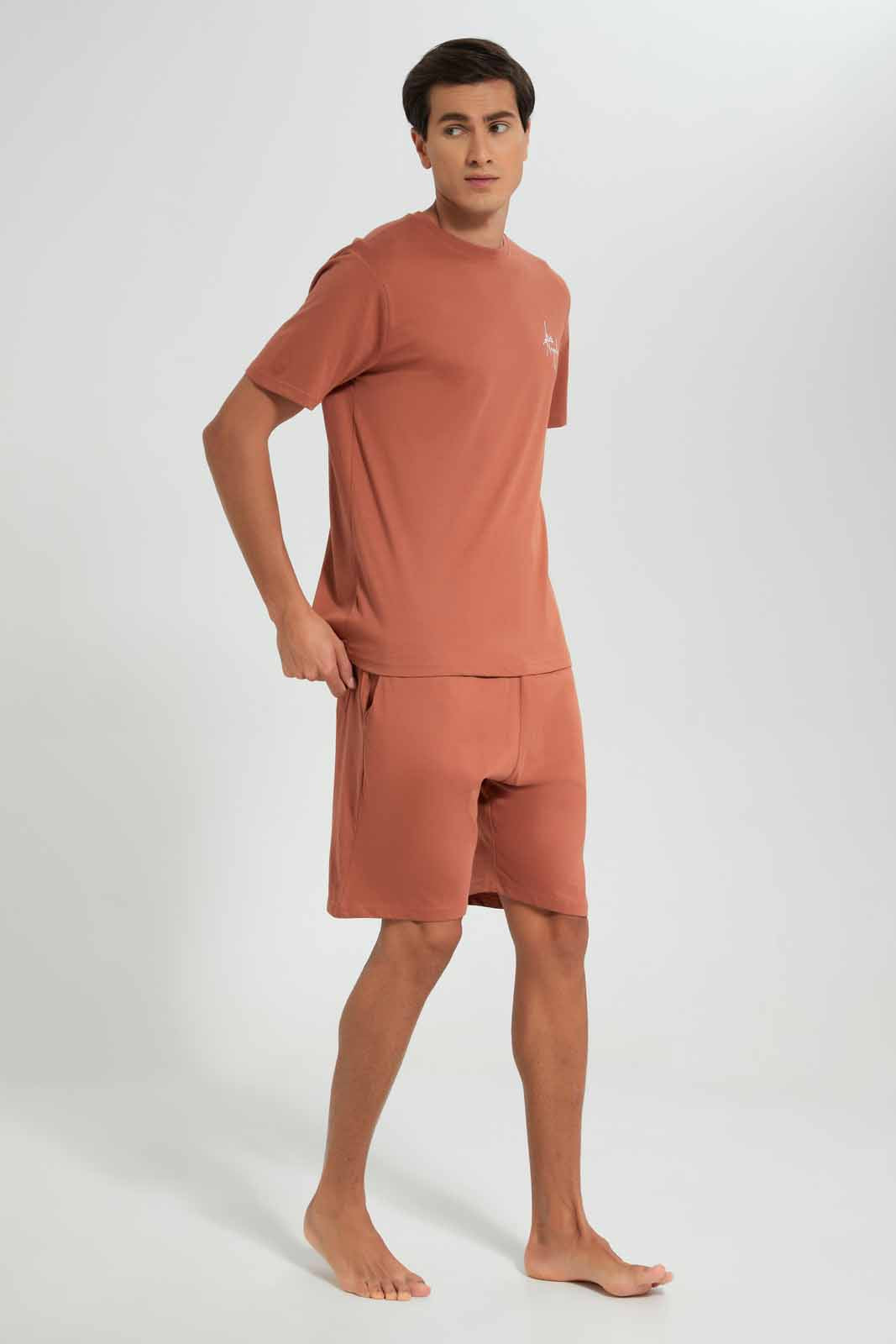 Redtag-Rust-Pyjama-Short-Set-With-Logo-Category:Pyjama-Sets,-Colour:Orange,-Deals:New-In,-Filter:Men's-Clothing,-Men-Pyjama-Sets,-New-In-Men-APL,-Non-Sale,-Section:Men,-W22O-Men's-
