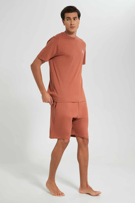 Redtag-Rust-Pyjama-Short-Set-With-Logo-Category:Pyjama-Sets,-Colour:Orange,-Deals:New-In,-Filter:Men's-Clothing,-Men-Pyjama-Sets,-New-In-Men-APL,-Non-Sale,-Section:Men,-W22O-Men's-