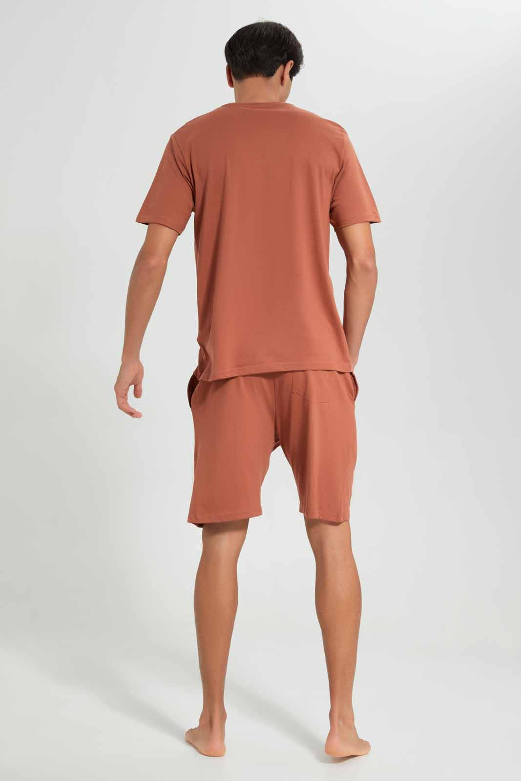 Redtag-Rust-Pyjama-Short-Set-With-Logo-Category:Pyjama-Sets,-Colour:Orange,-Deals:New-In,-Filter:Men's-Clothing,-Men-Pyjama-Sets,-New-In-Men-APL,-Non-Sale,-Section:Men,-W22O-Men's-