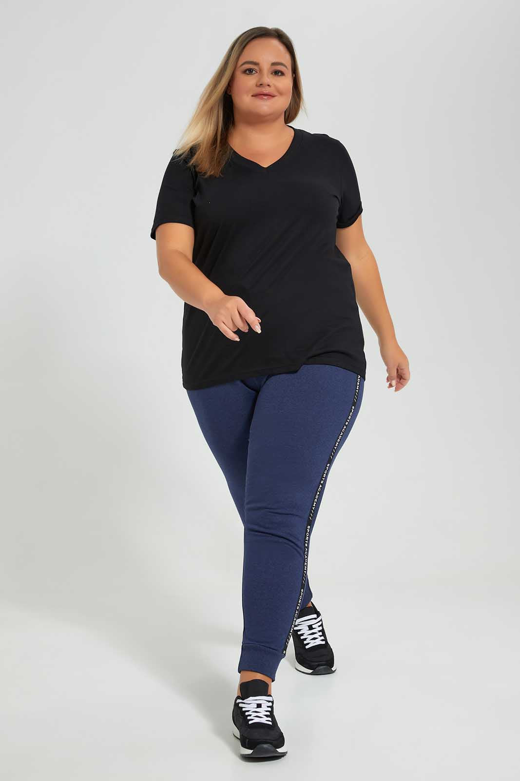 Redtag-Black-S/S-V-Neck-Tee-Category:T-Shirts,-Colour:Black,-Deals:New-In,-Filter:Plus-Size,-LDP-T-Shirts,-New-In-LDP-APL,-Non-Sale,-Section:Women,-TBL,-W22O-Women's-