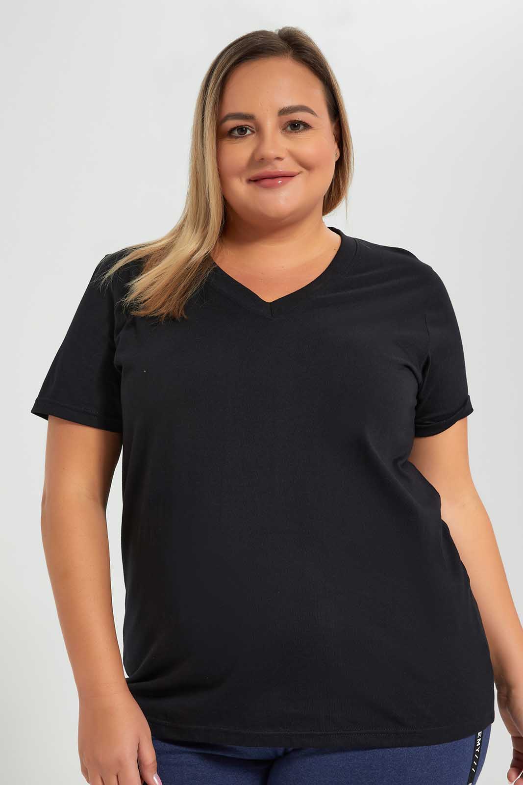 Redtag-Black-S/S-V-Neck-Tee-Category:T-Shirts,-Colour:Black,-Deals:New-In,-Filter:Plus-Size,-LDP-T-Shirts,-New-In-LDP-APL,-Non-Sale,-Section:Women,-TBL,-W22O-Women's-